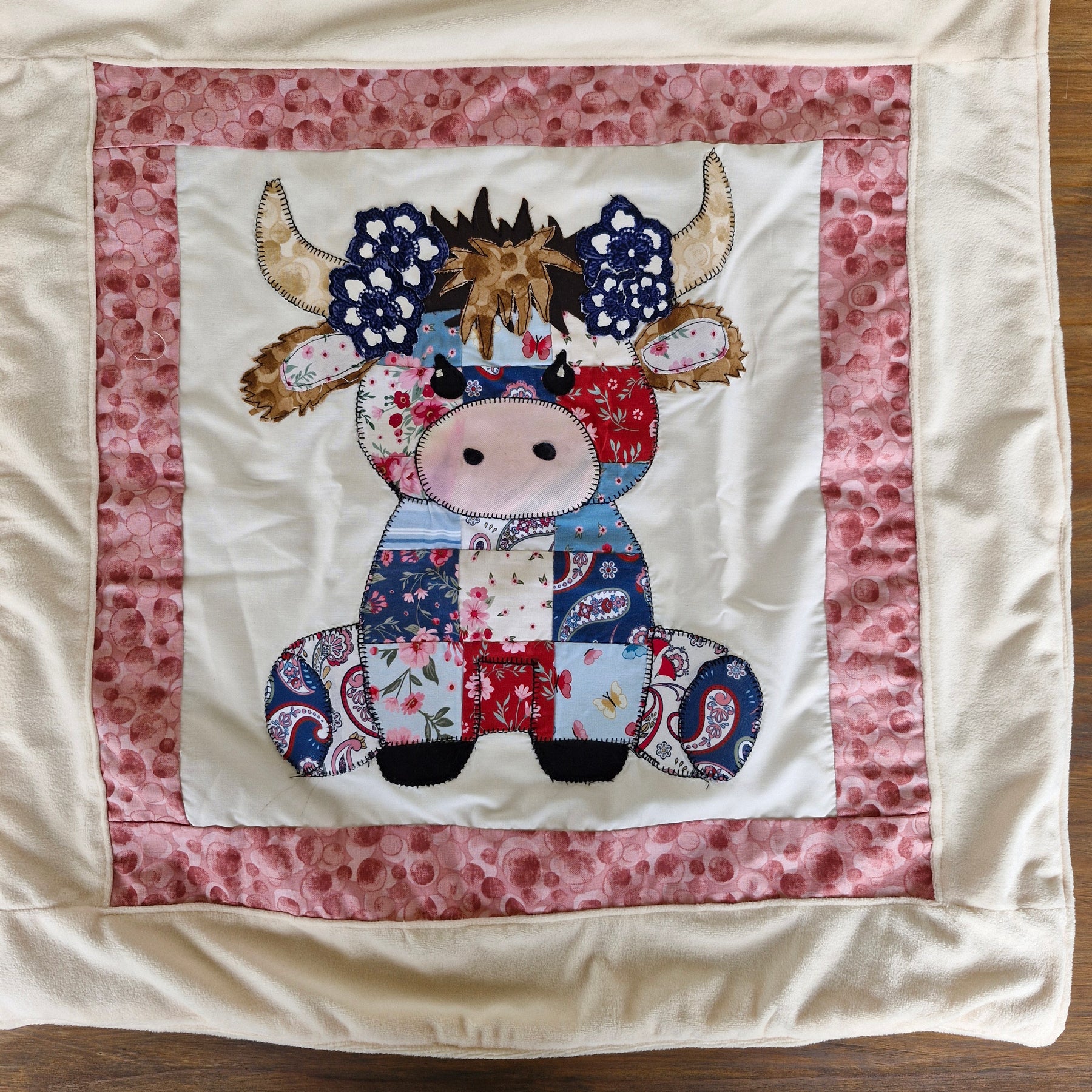 Pram size Highland Cow Patchwork front Baby Blanket