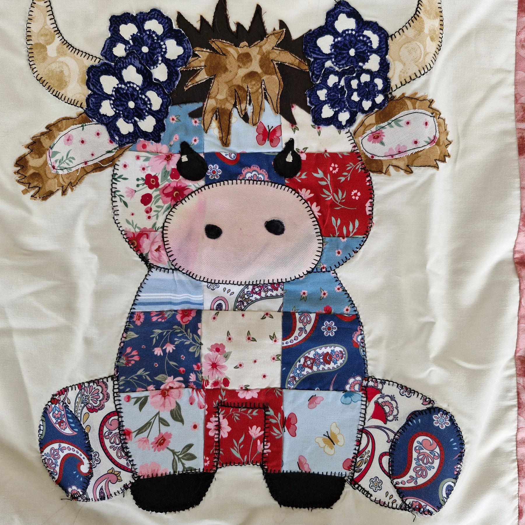 Pram size Highland Cow Patchwork front Baby Blanket