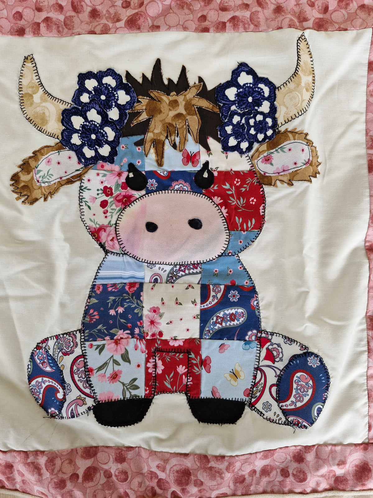 Pram size Highland Cow Patchwork front Baby Blanket