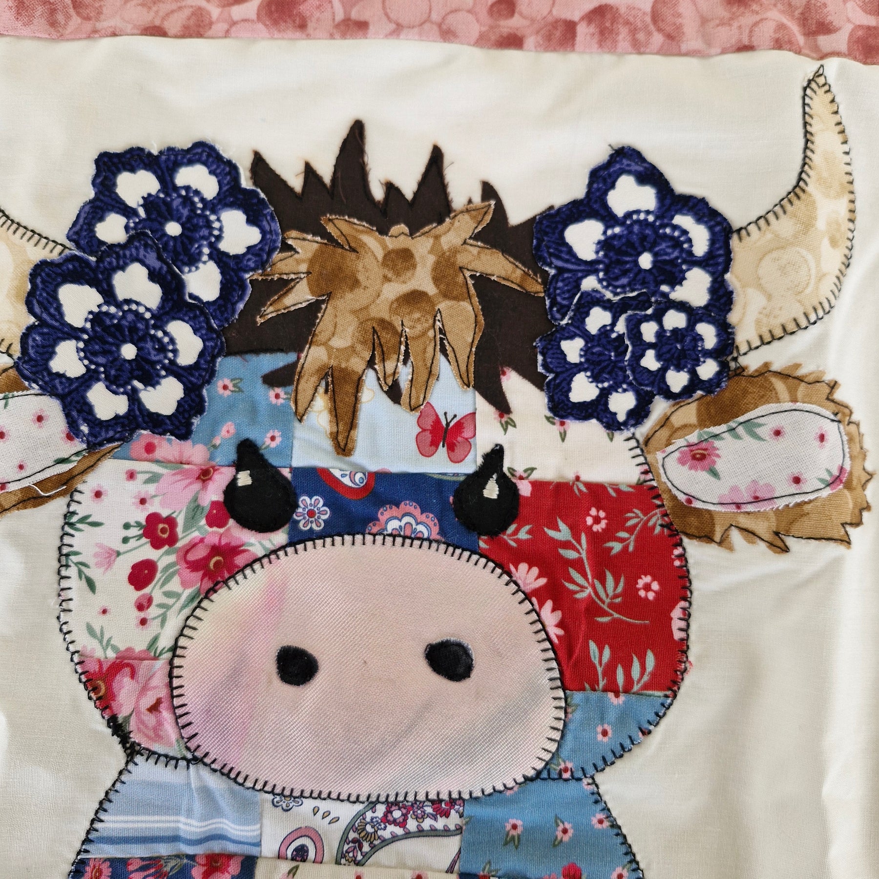 Pram size Highland Cow Patchwork front Baby Blanket