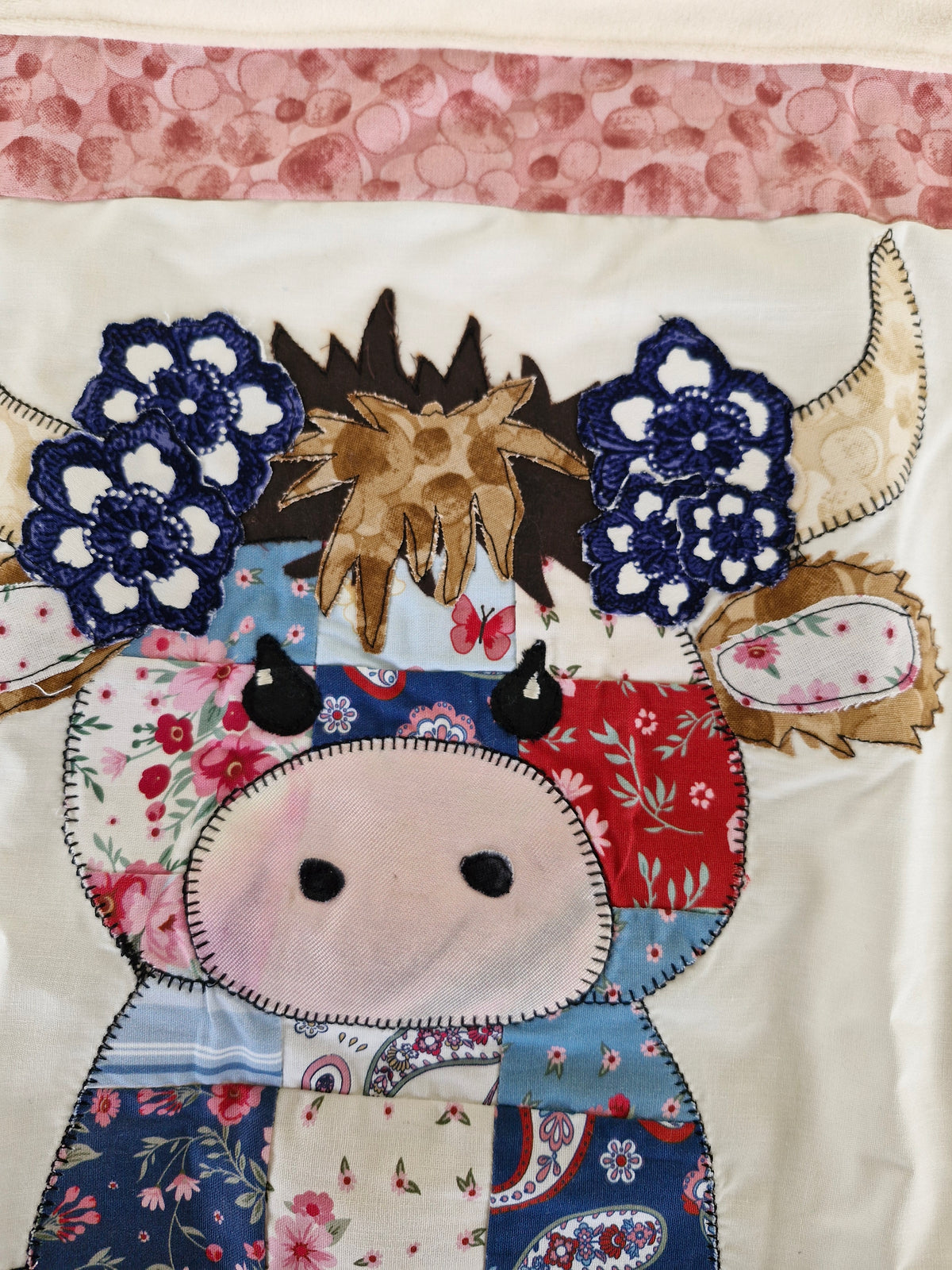 Pram size Highland Cow Patchwork front Baby Blanket