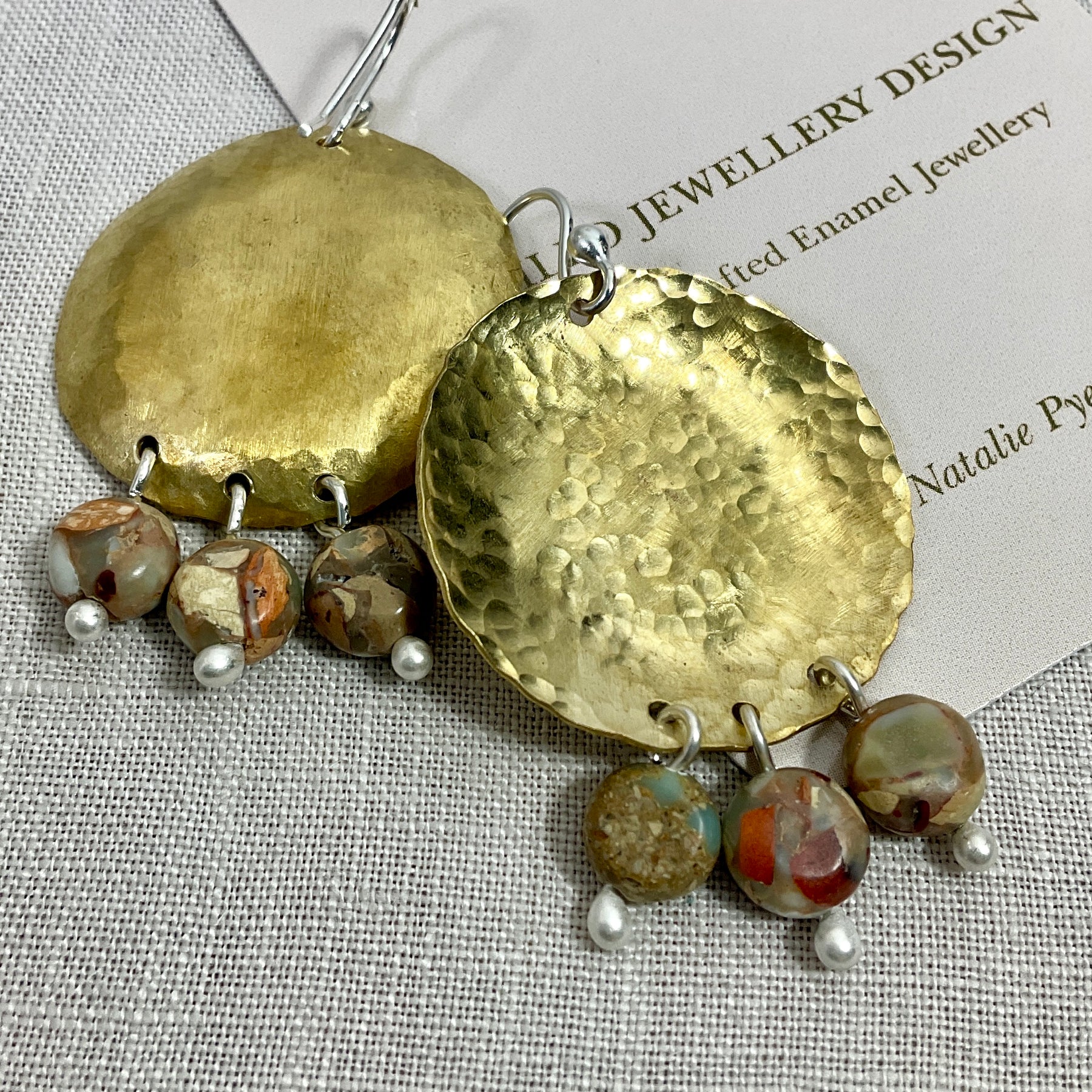 Brass disc earrings with gemstones. Handmade