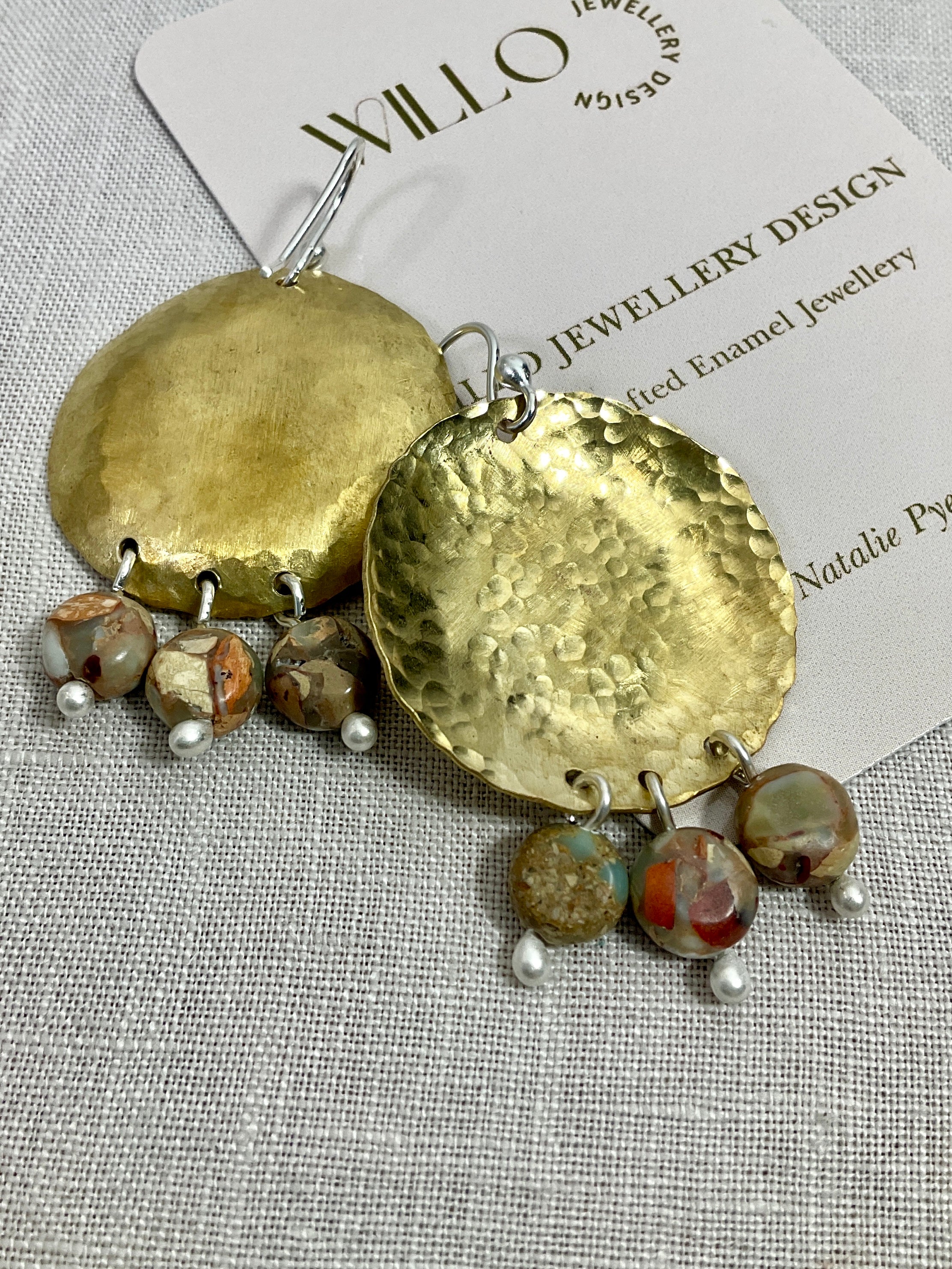 Brass disc earrings with gemstones. Handmade