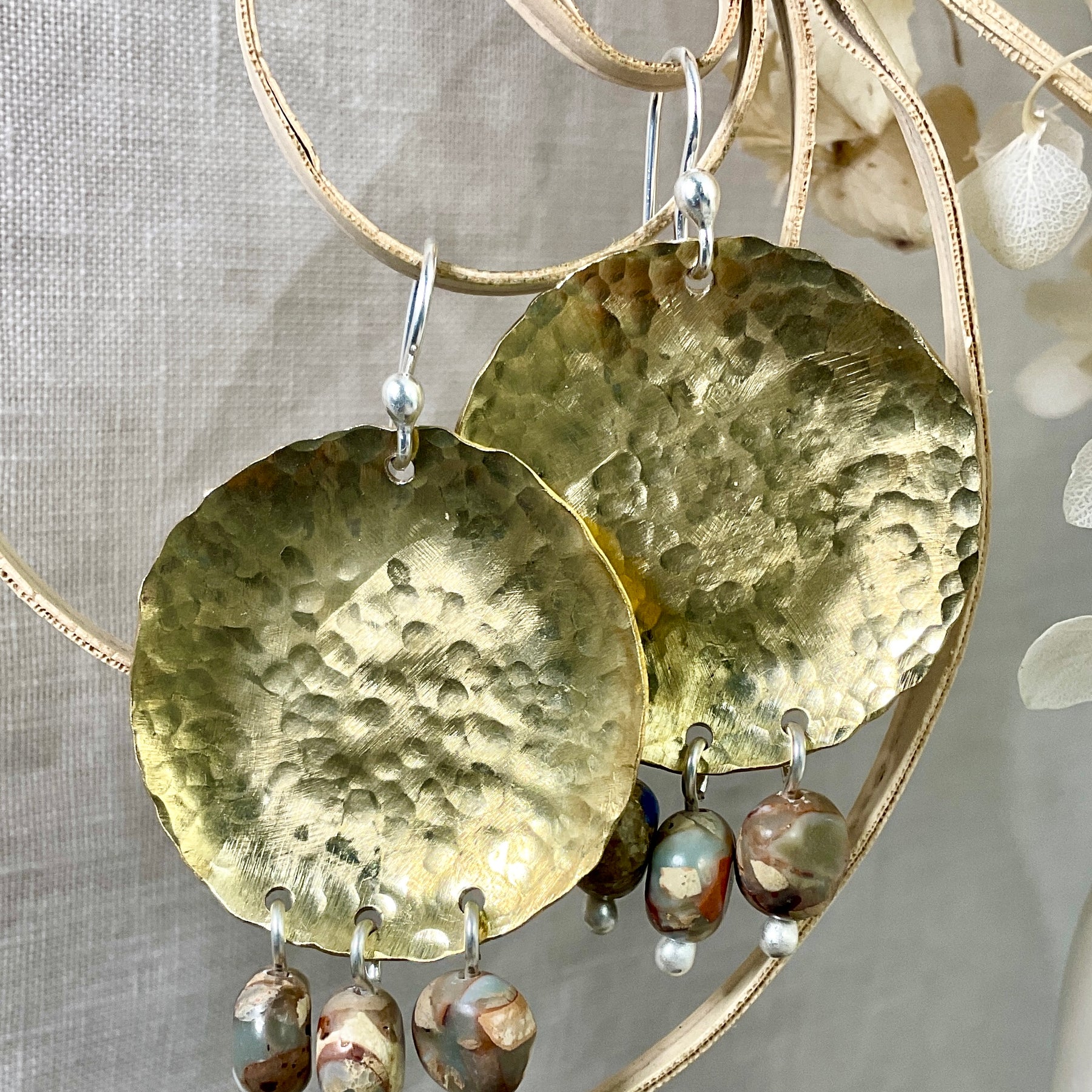 Brass disc earrings with gemstones. Handmade