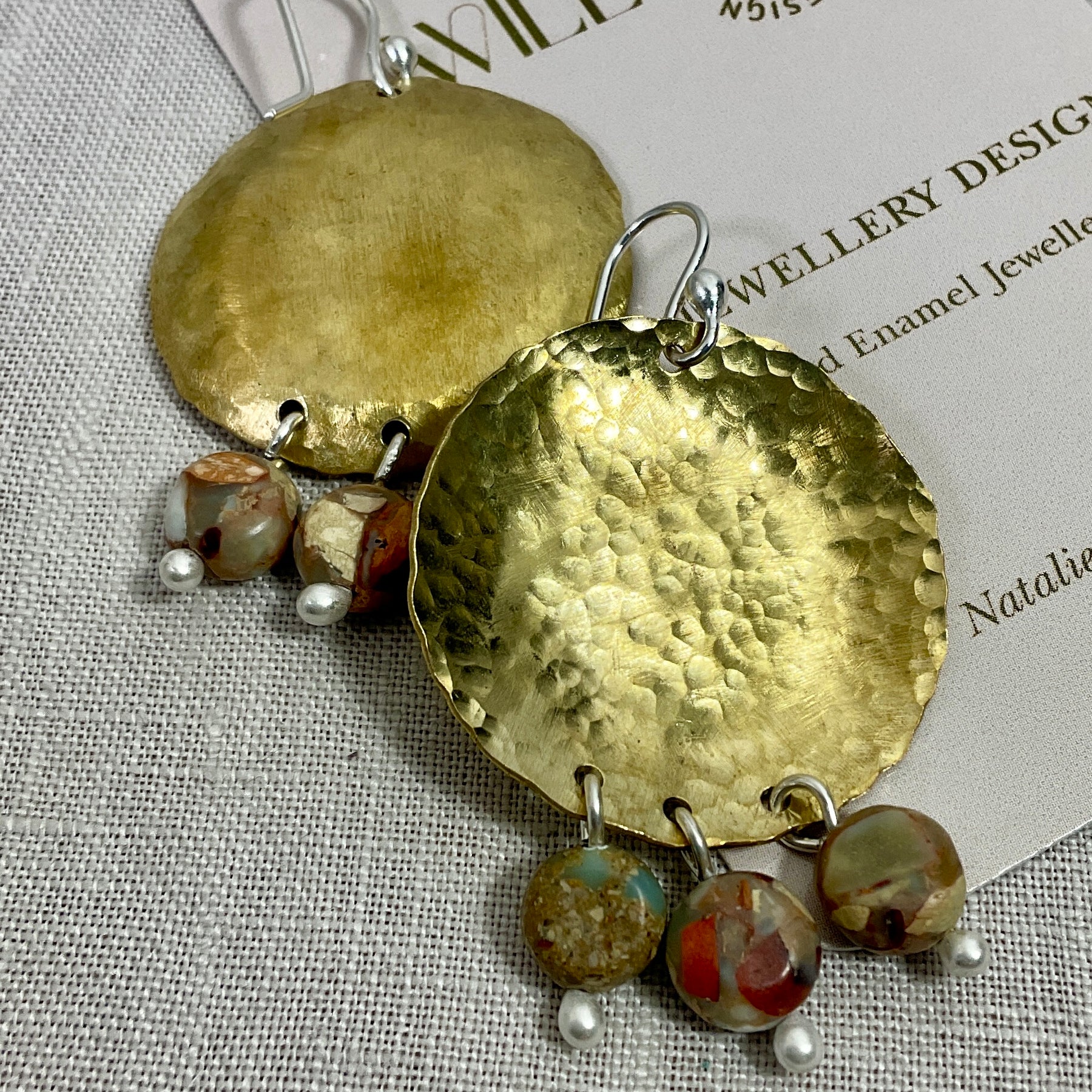 Brass disc earrings with gemstones. Handmade