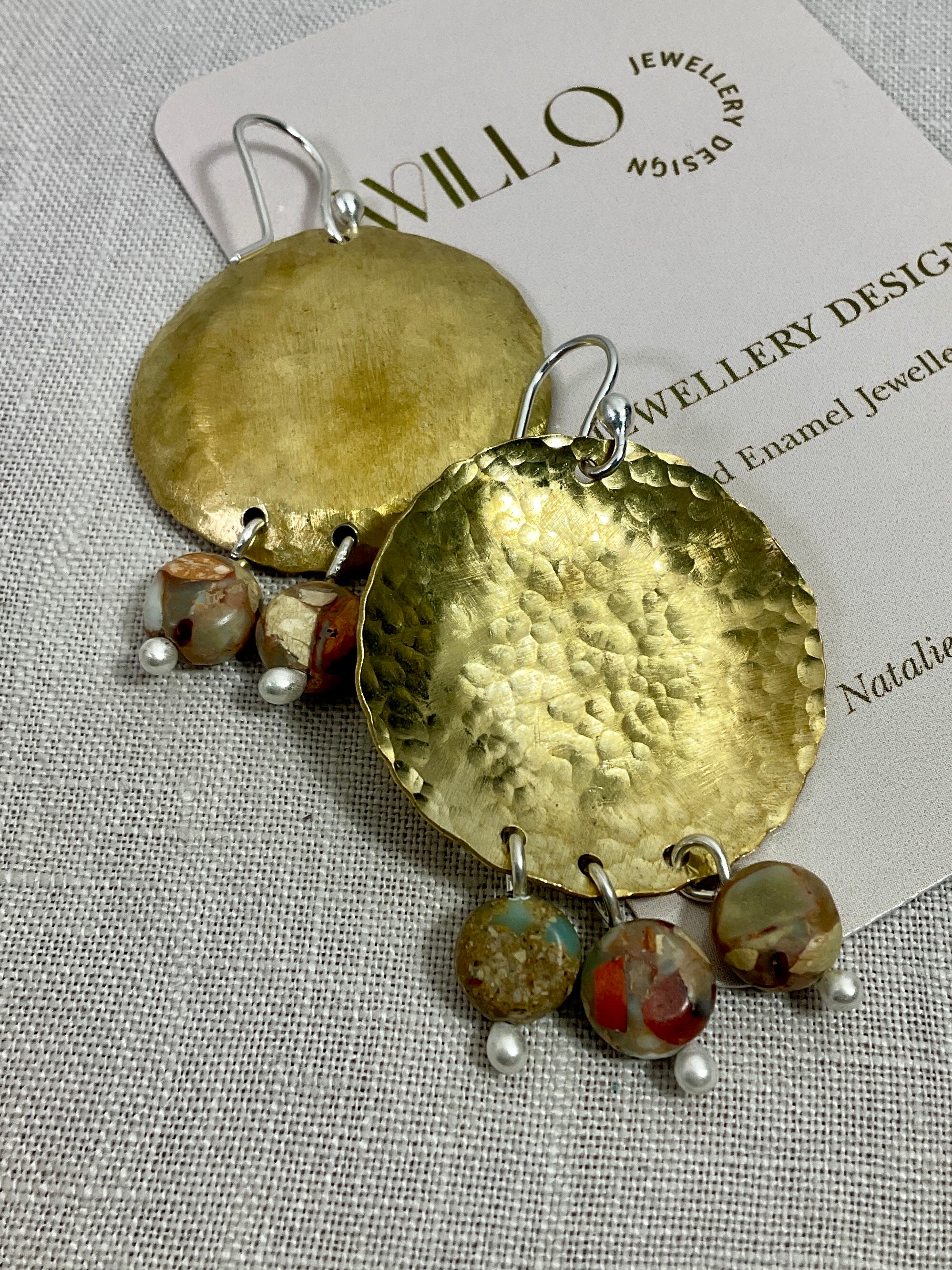 Brass disc earrings with gemstones. Handmade