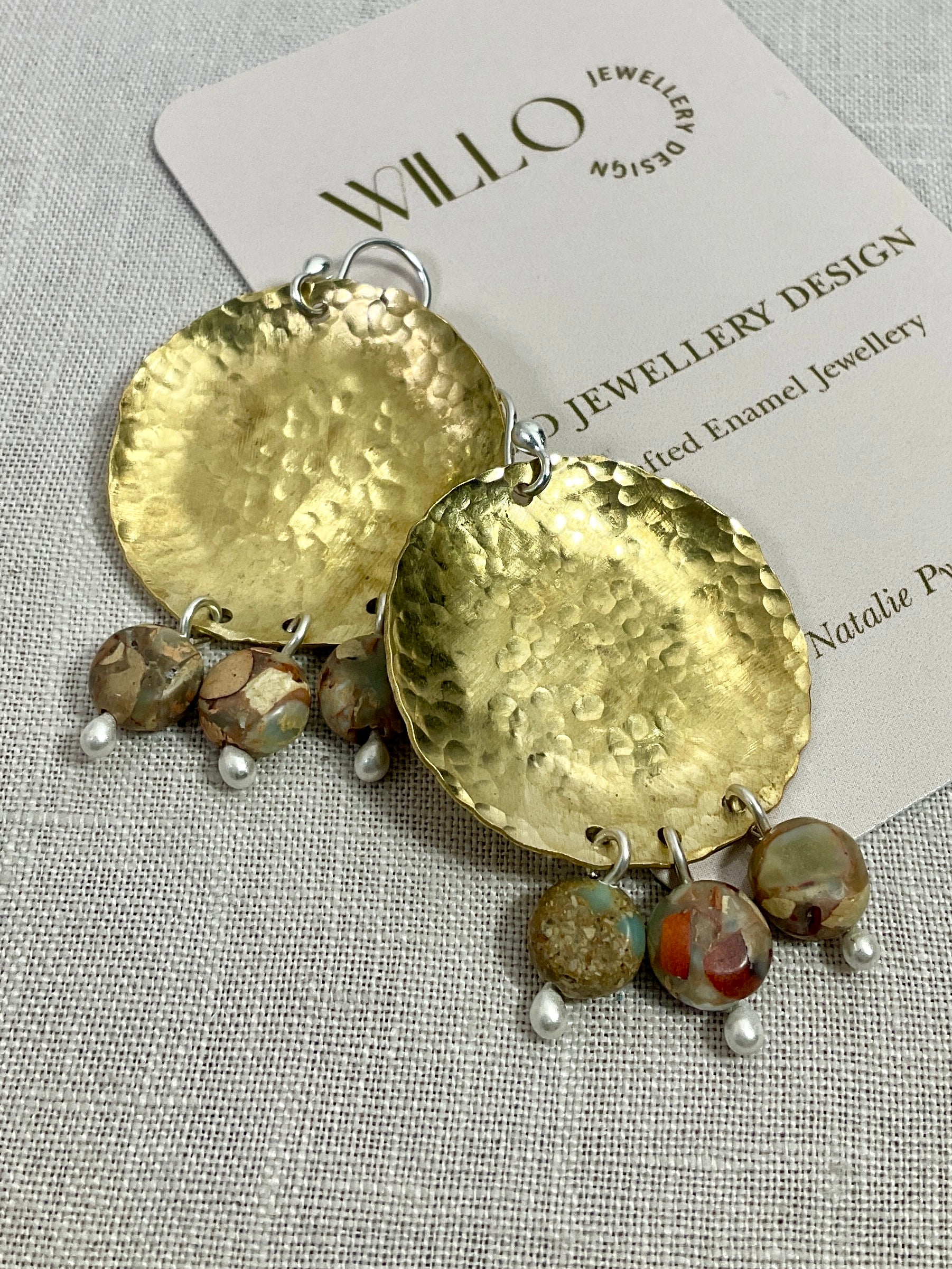 Brass disc earrings with gemstones. Handmade