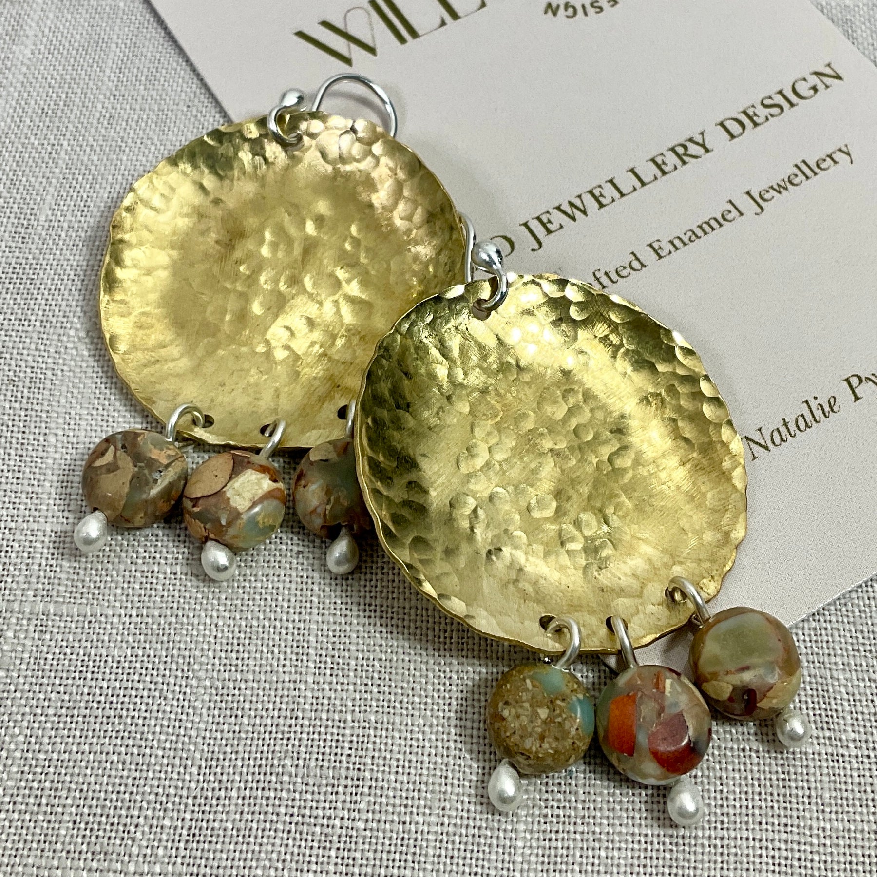 Brass disc earrings with gemstones. Handmade
