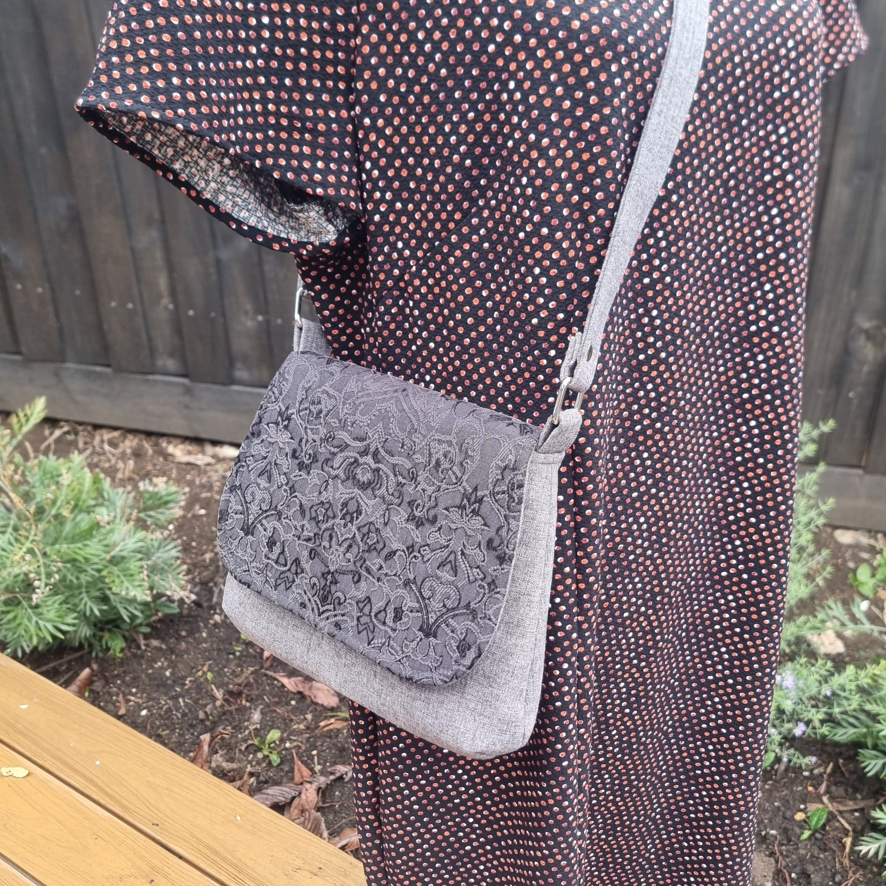 Upcycled small messenger bag - grey & black filigree pattern