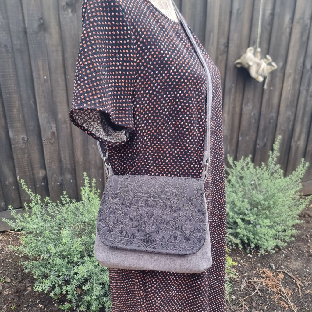 Upcycled small messenger bag - grey & black filigree pattern
