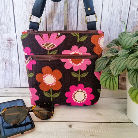 Upcycled zipped crossbody bag - funky pink flowers on brown