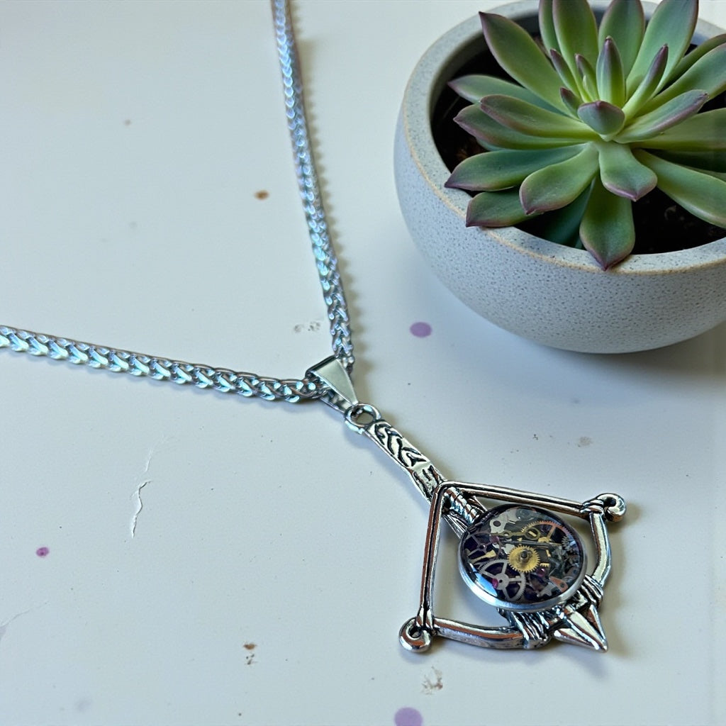 Steampunk watch parts crossbow mens necklace