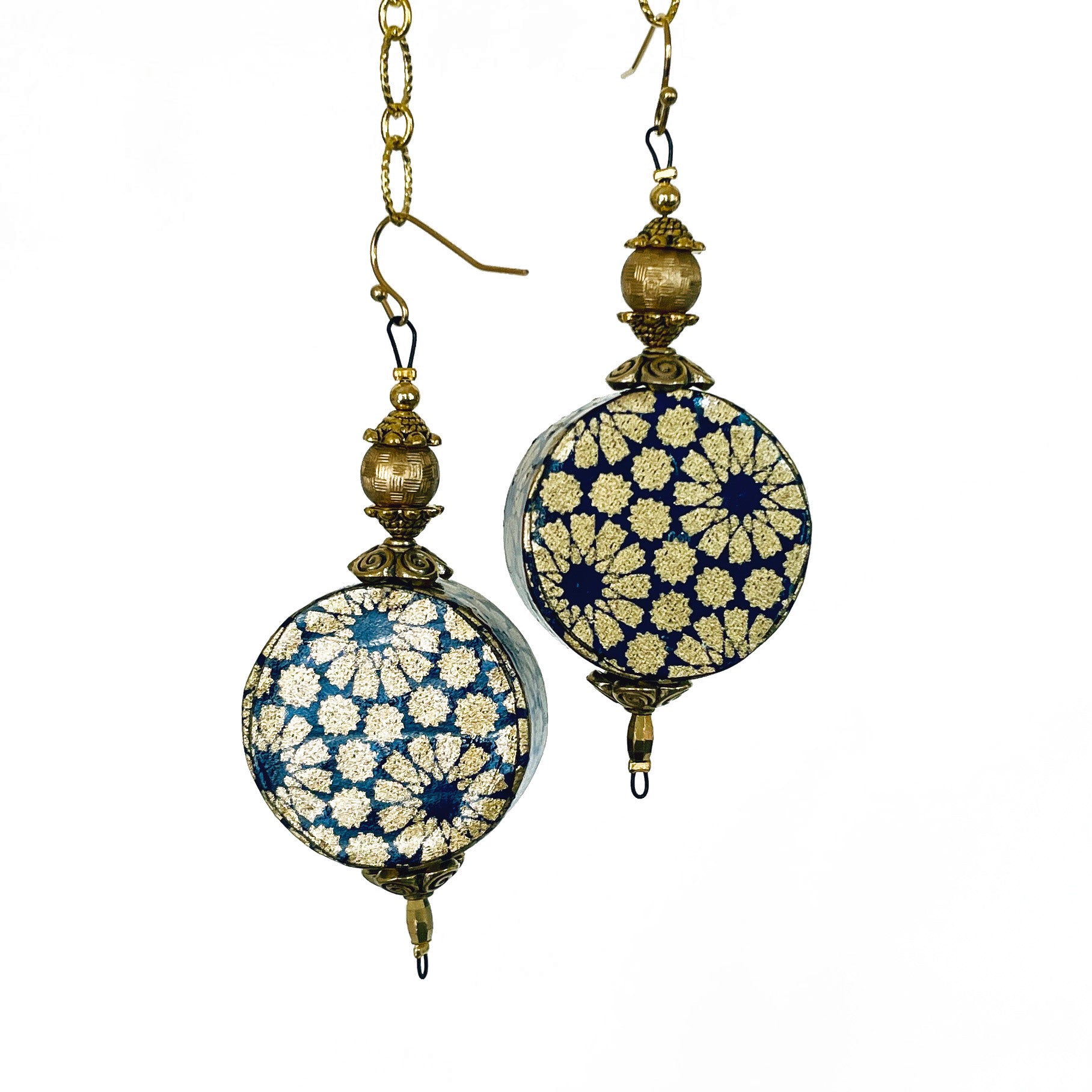 Long Navy Gold Japanese Paper Earrings: 3cm x 8cm