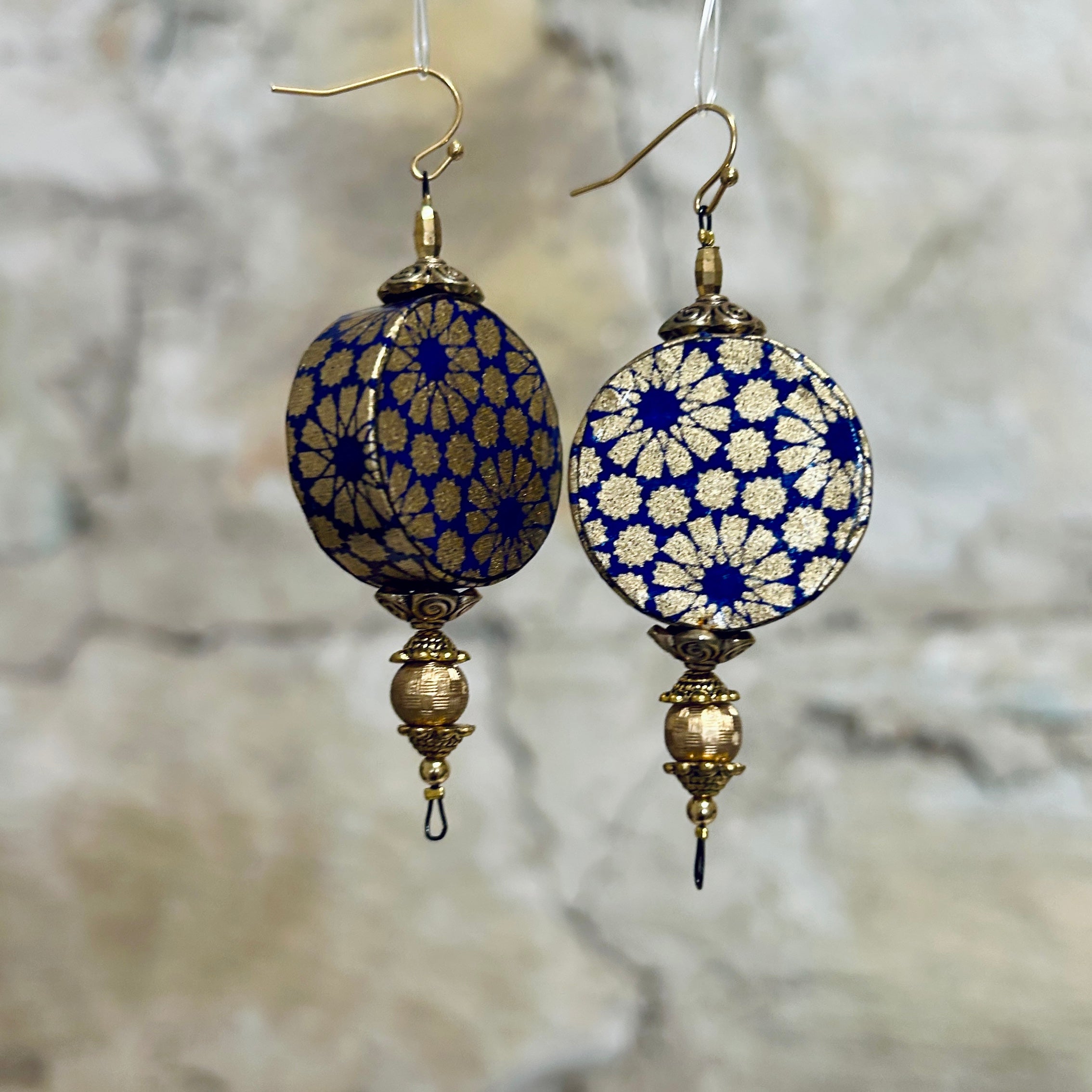 Long Navy Gold Japanese Paper Earrings: 3cm x 8cm