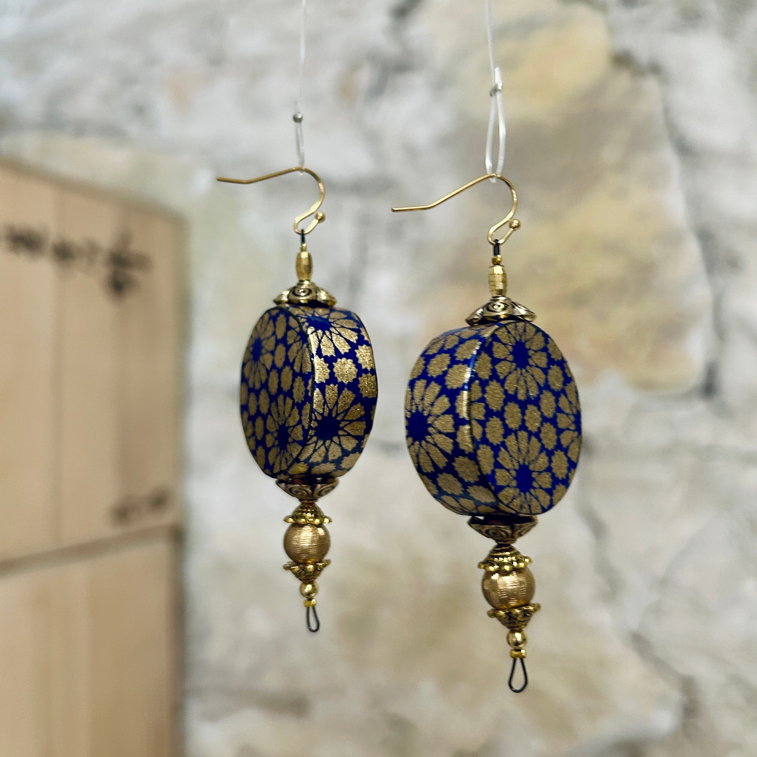 Long Navy Gold Japanese Paper Earrings: 3cm x 8cm