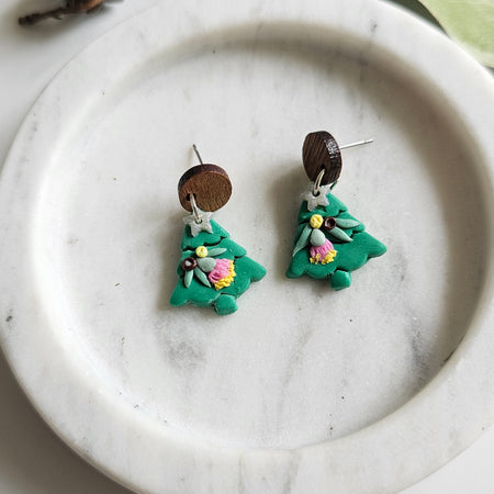 Australian Native Christmas Tree Earrings , Polymer Clay Handmade Jewelry.