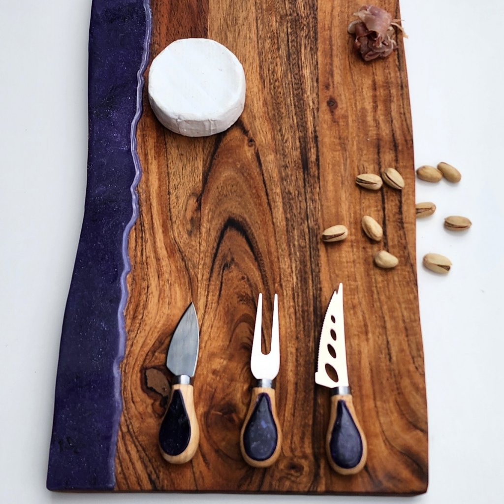 "Dusky Velvet Shore" - resin Charcuterie Board with cheese knives