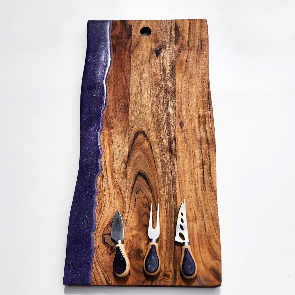 "Dusky Velvet Shore" - resin Charcuterie Board with cheese knives