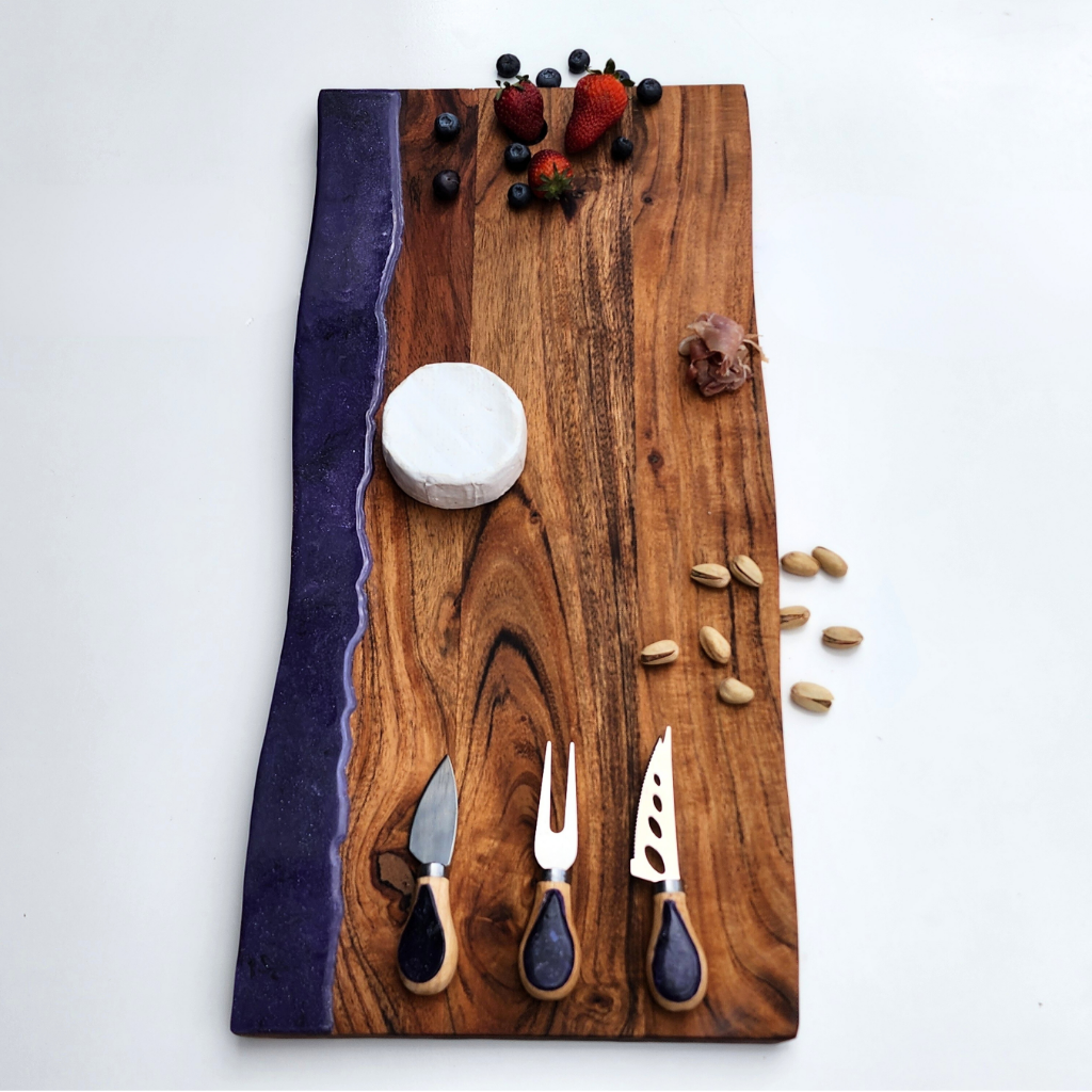 "Dusky Velvet Shore" - resin Charcuterie Board with cheese knives