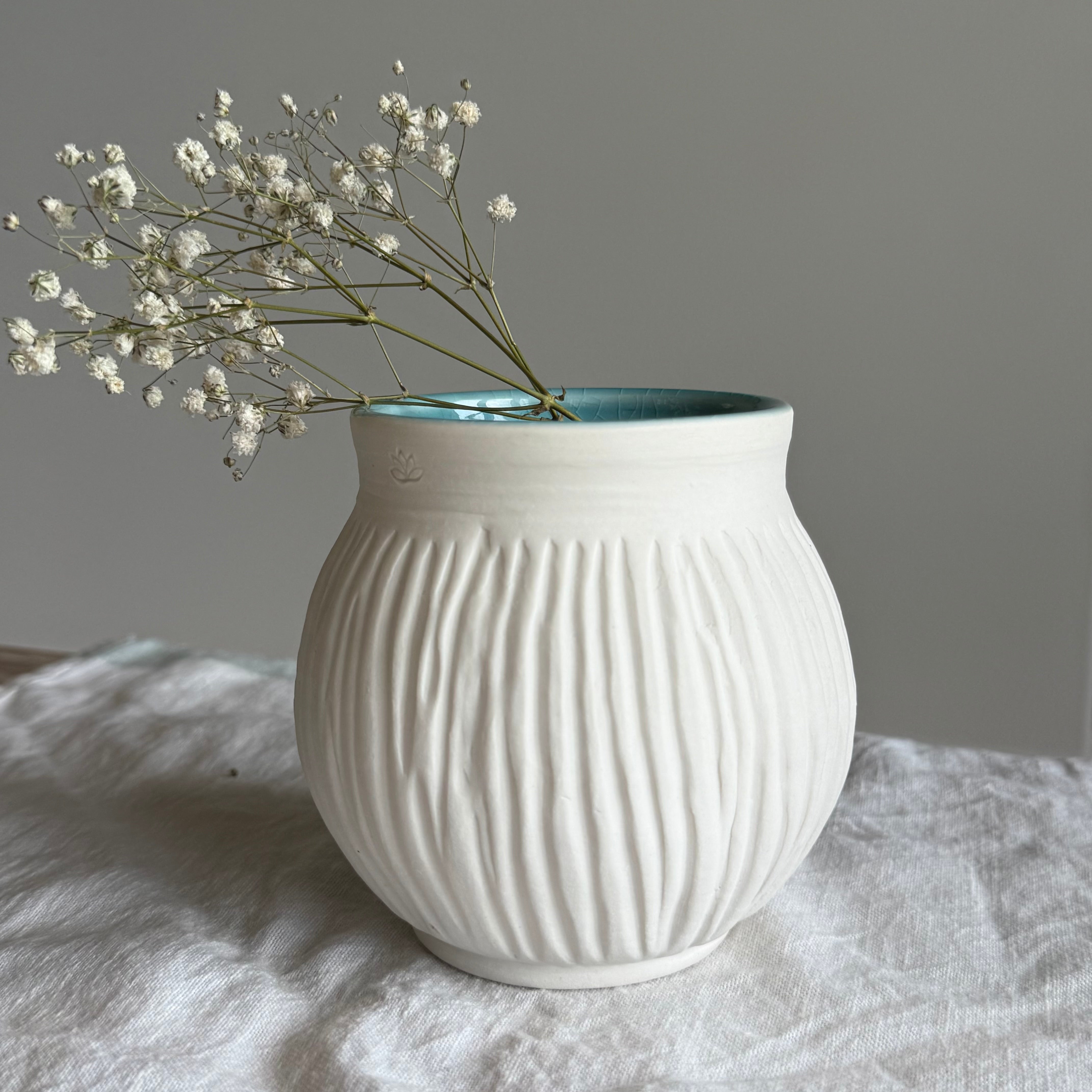 Aegean - Handcarved Raw Porcelain Vessel - White Blue Vase