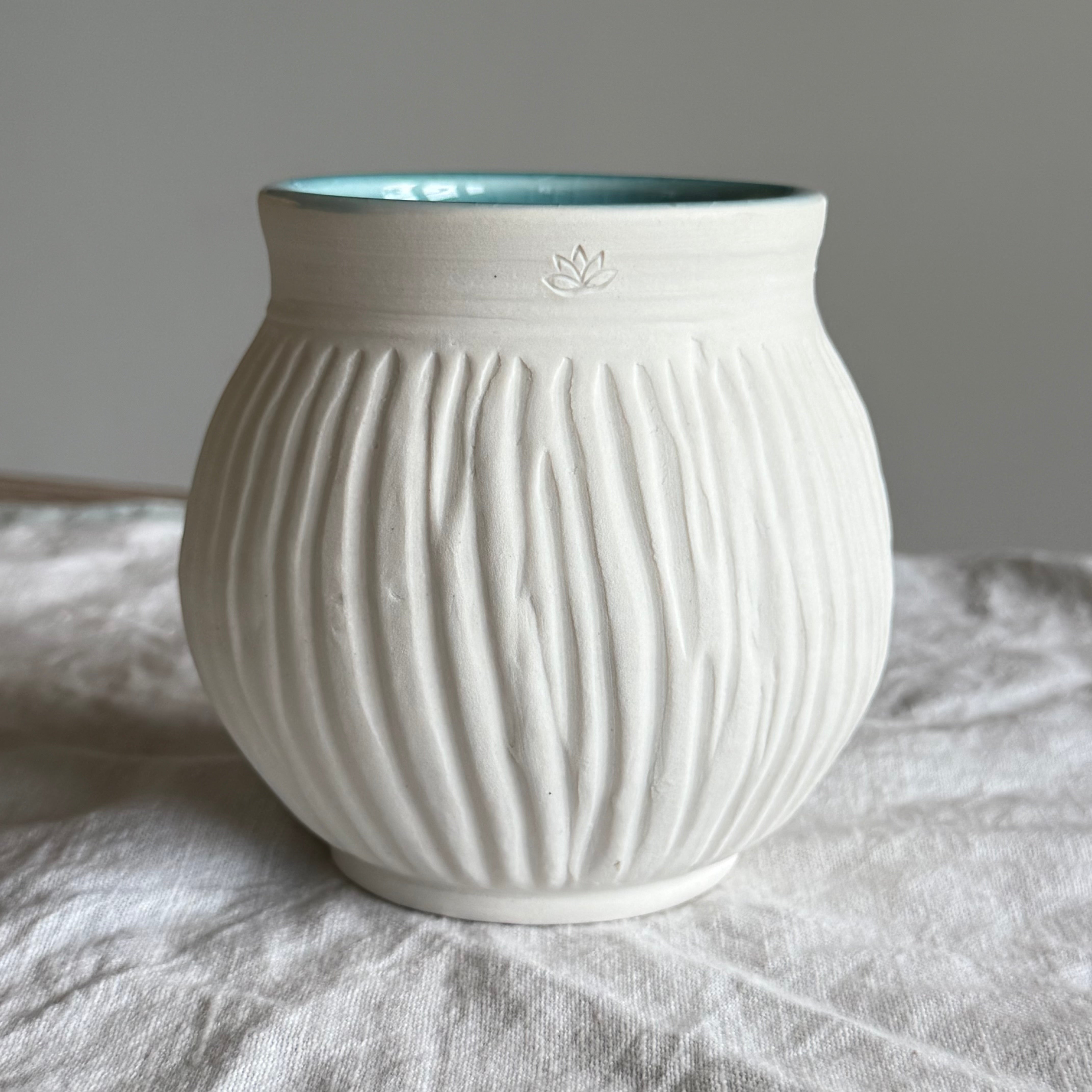 Aegean - Handcarved Raw Porcelain Vessel - White Blue Vase