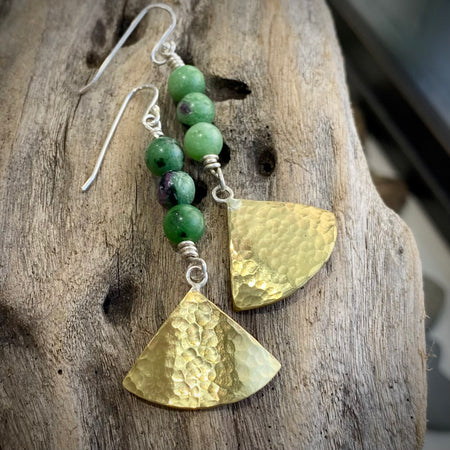 Brass and Ruby Zoisite Stone Bead Dangle Earrings