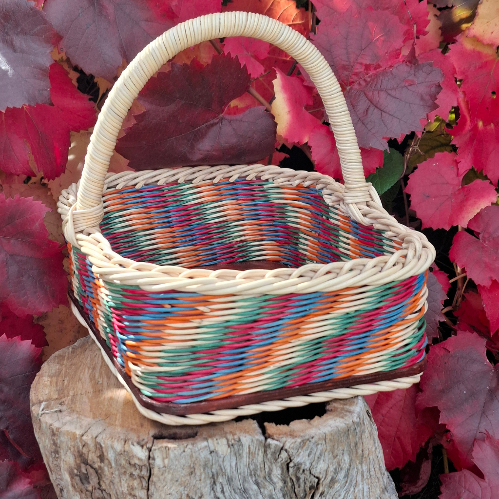 Large Rectangular orange green blue red and natural basket.
