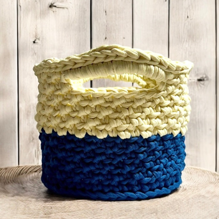 Handmade Crocheted Basket – Blue & Cream | Eco-Friendly Storage