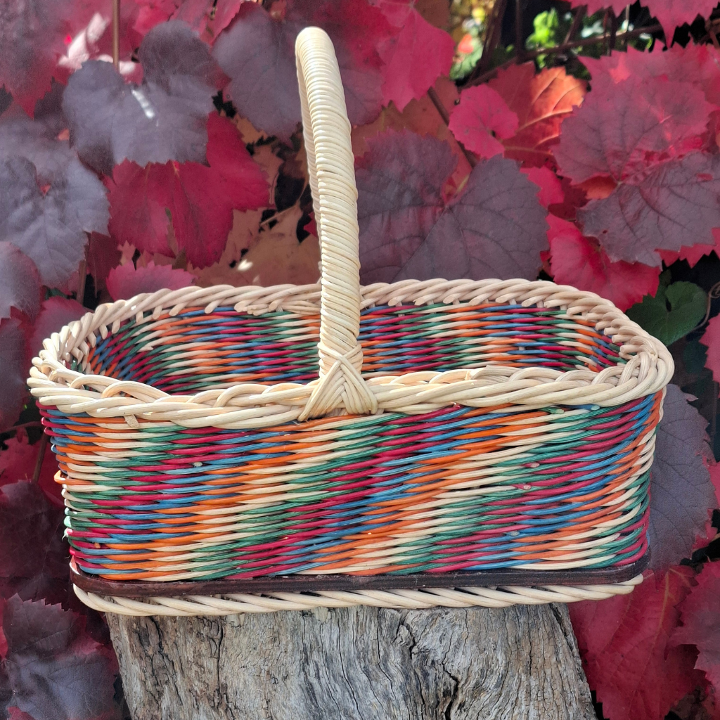 Large Rectangular orange green blue red and natural basket.