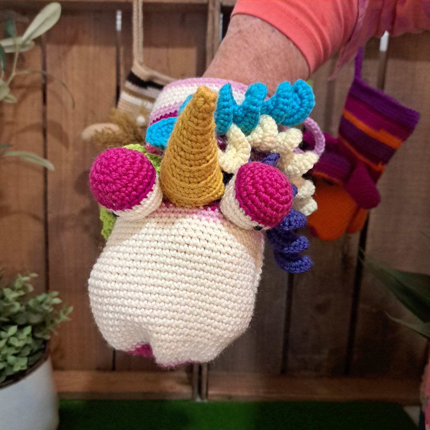 Handmade Crochet hand puppet multi colour unicorn Australian wool