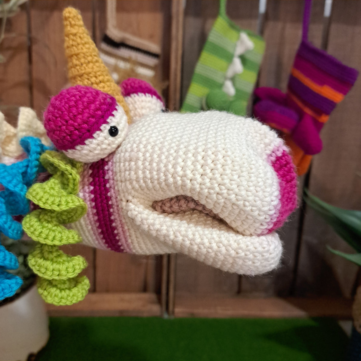 Handmade Crochet hand puppet multi colour unicorn Australian wool