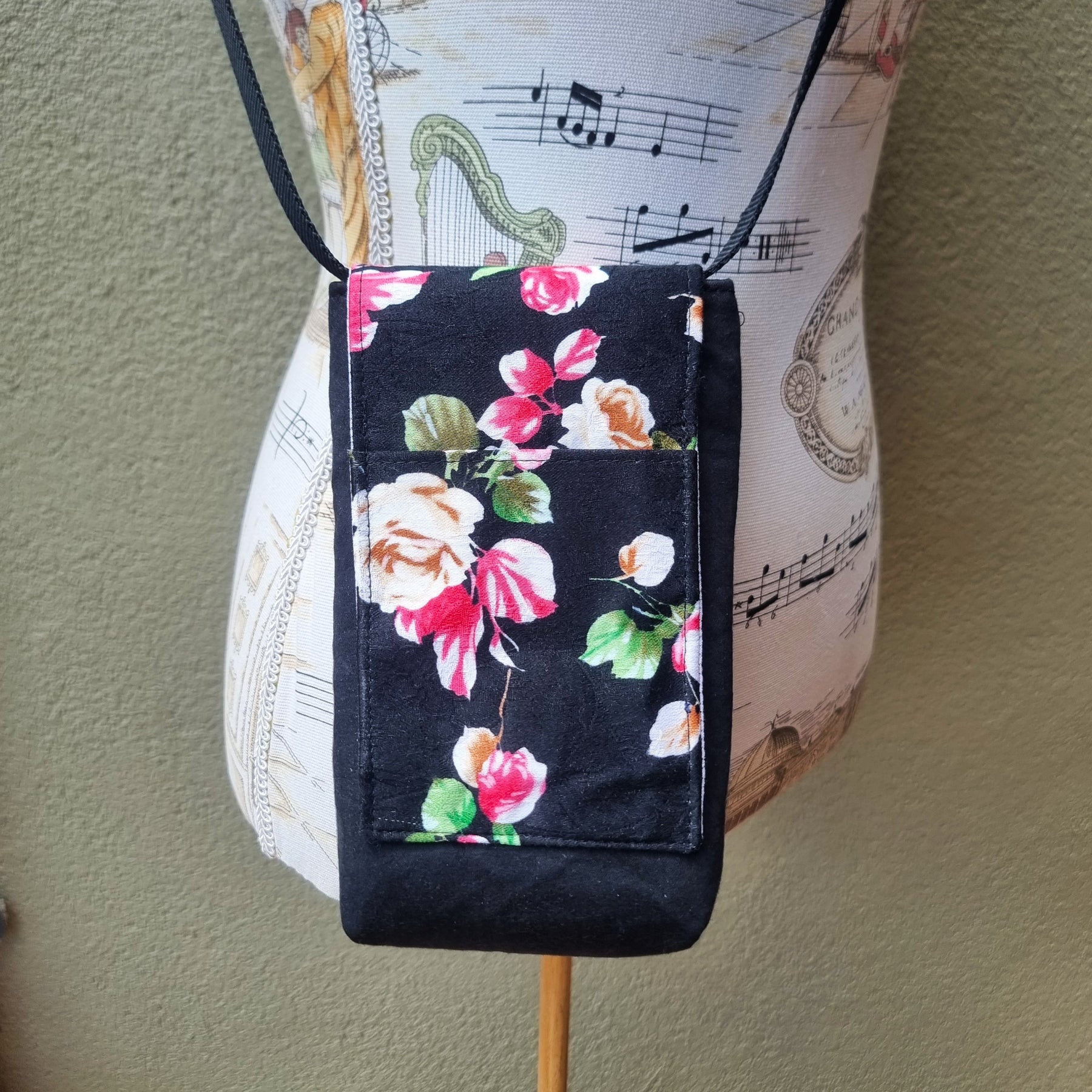 Upcycled small phone messenger bag - coral & latte roses on black