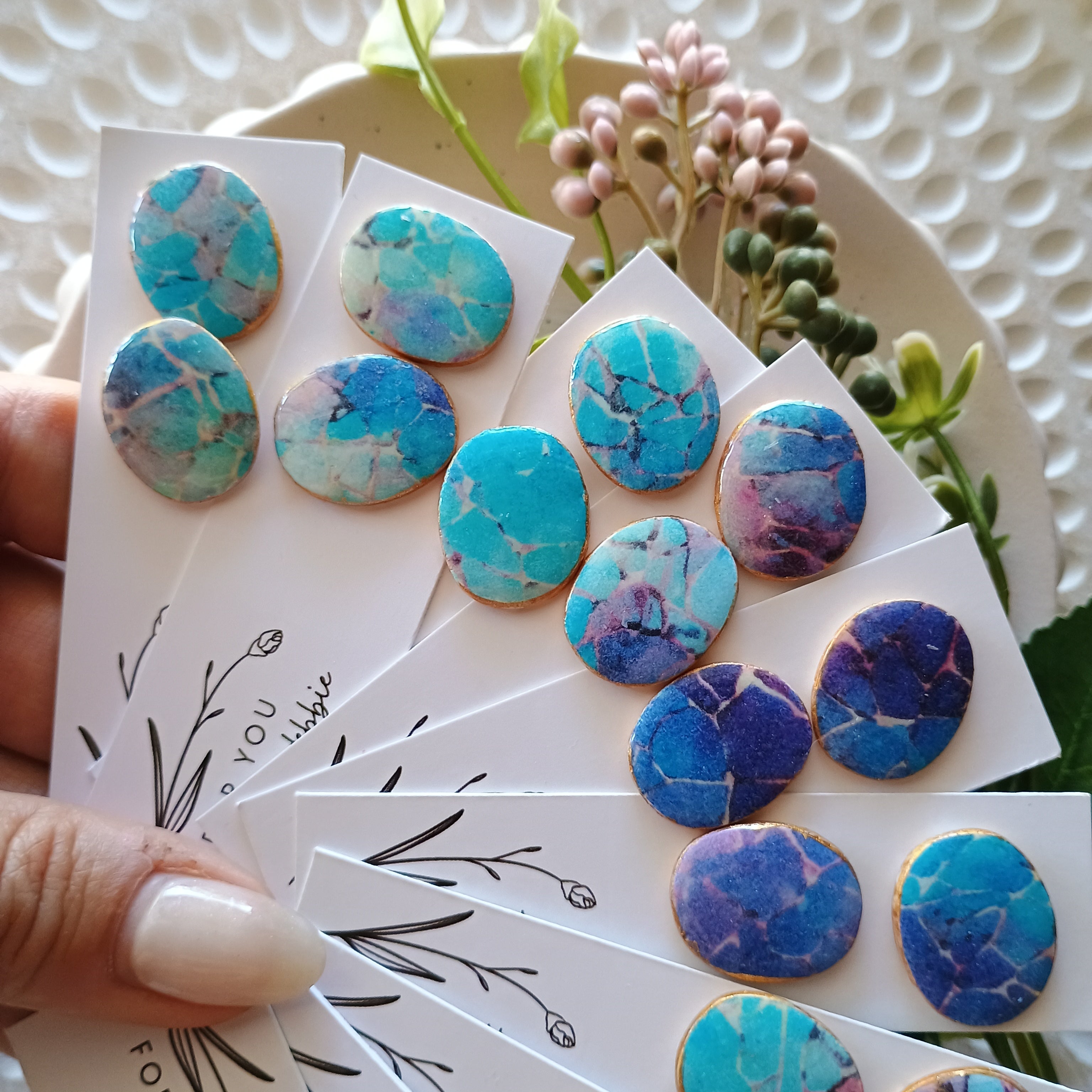 Organic stud earrings- watercolour marble