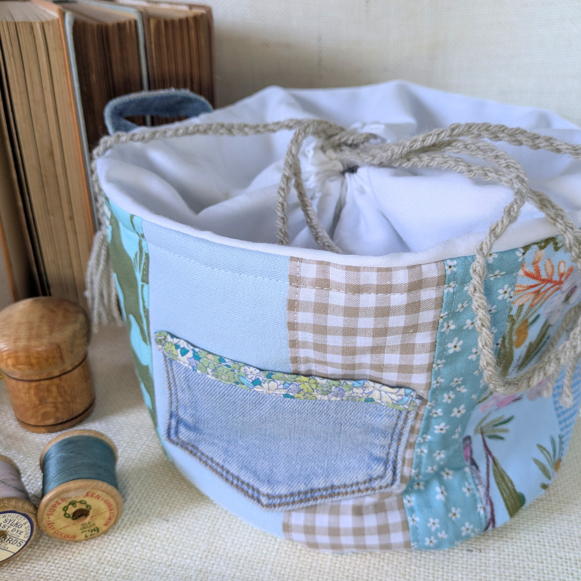 Project Bag Upcycled Denim, Craft Storage, Pastel Blue Green, Large