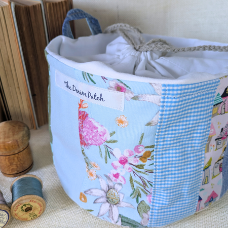 Project Bag Upcycled Denim, Craft Storage, Pastel Blue Green, Large