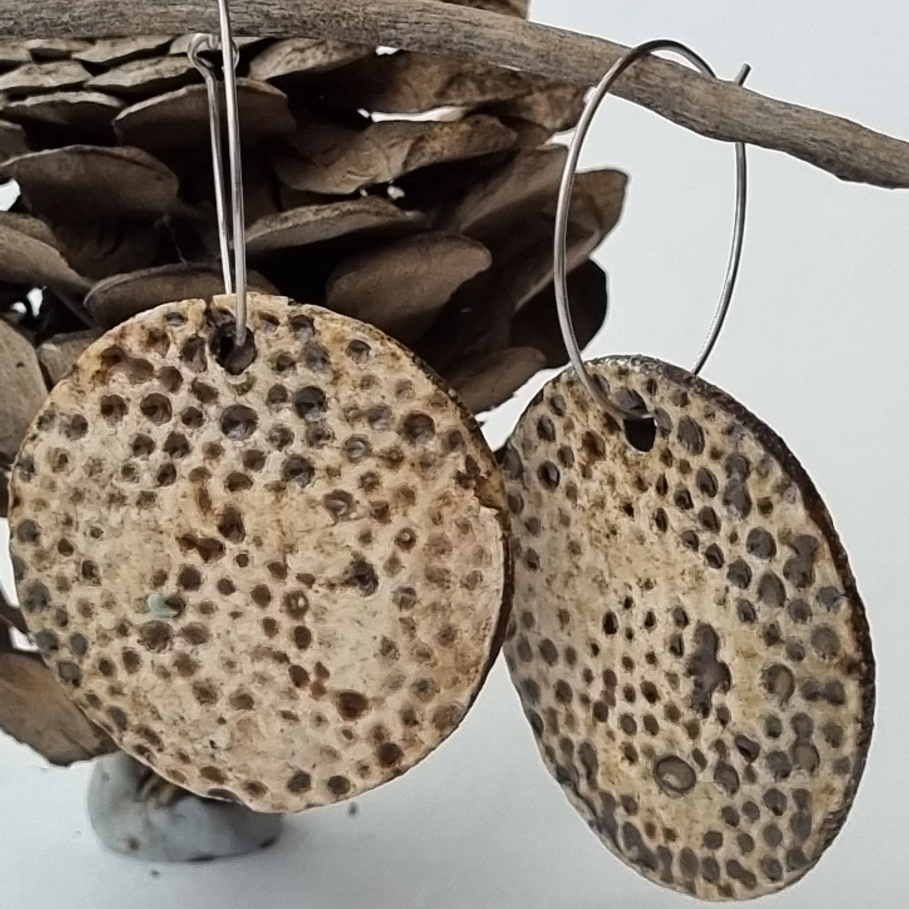 Handmade Stoneware Ceramic Earrings, natural tones multi-coloured, 35mm diameter, pierced ears