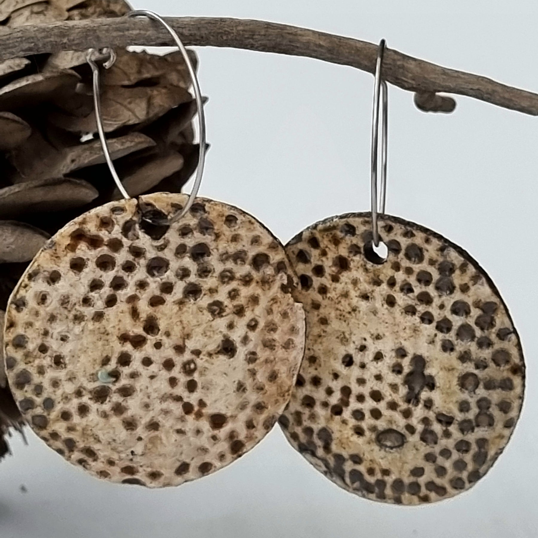 Handmade Stoneware Ceramic Earrings, natural tones multi-coloured, 35mm diameter, pierced ears