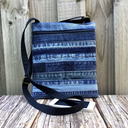 Upcycled Denim Cross Body Bag - Blue Stripes