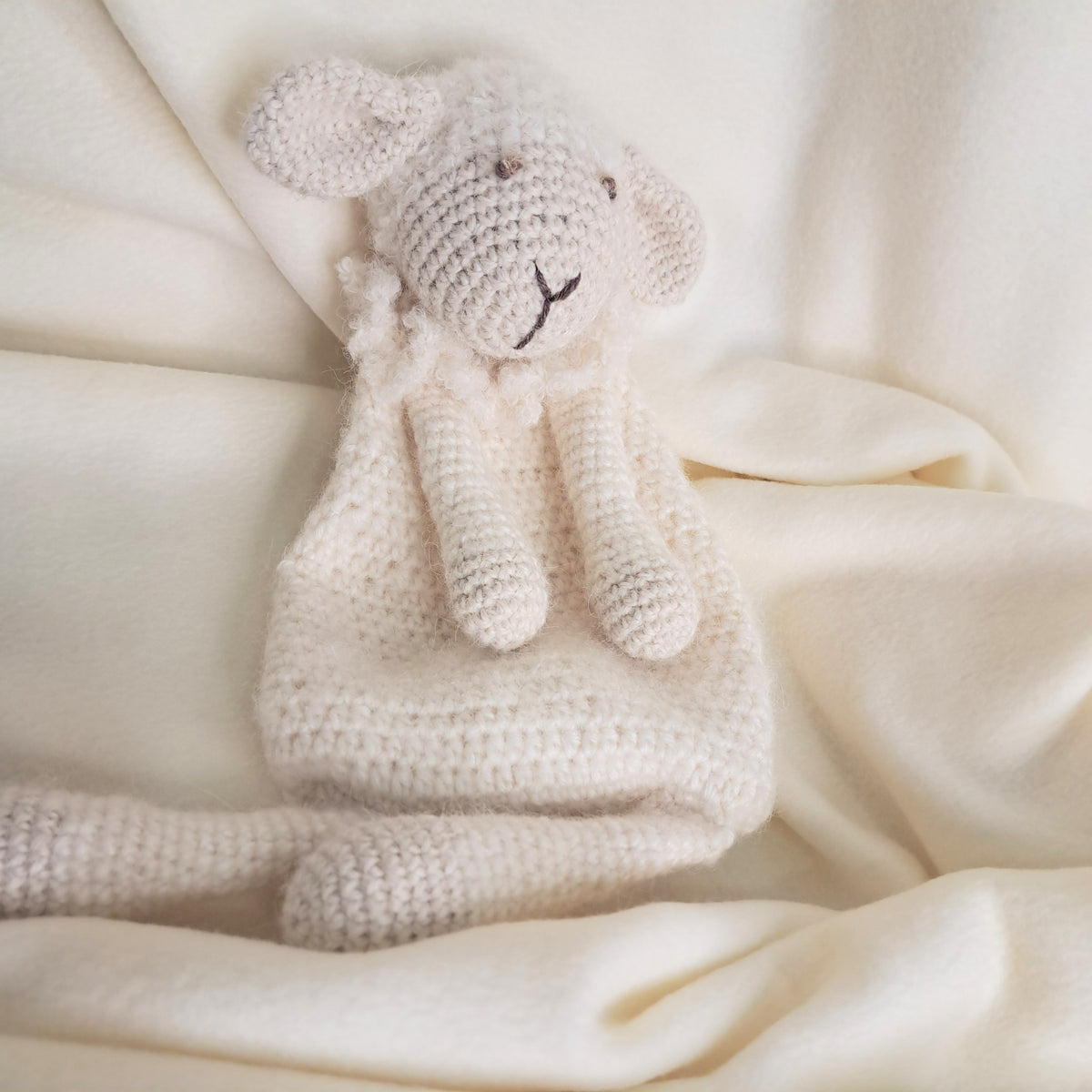 Handmade crochet sheep snuggler, Australian wool, alpaca, silk