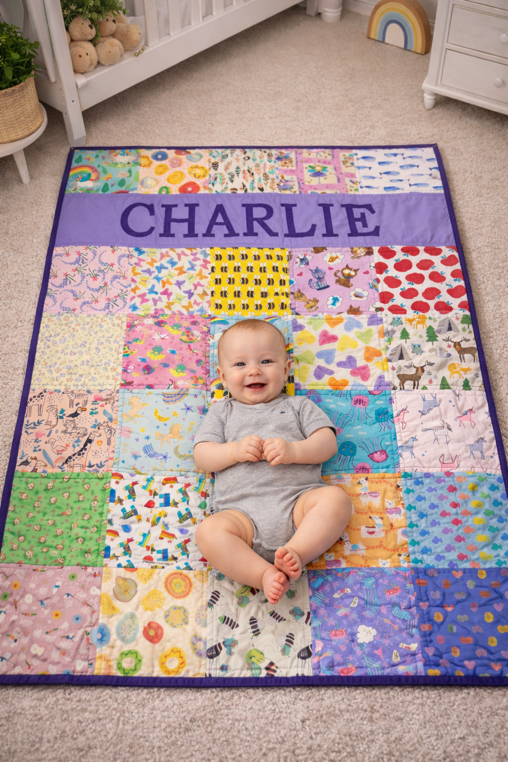 Personalised "I SPY" Patchwork Quilt - Custom Made to order - COT SZE -