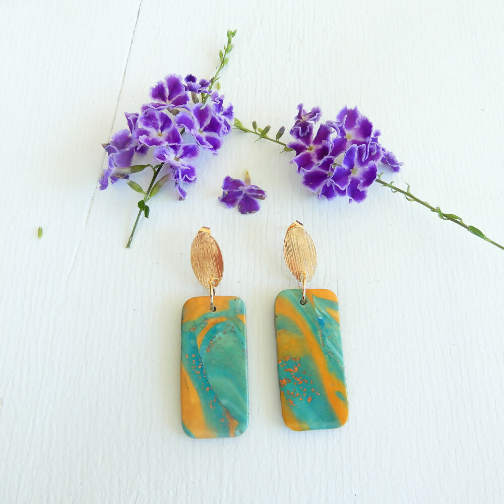 Gold and Teal Polymer Clay Earrings "Delta"