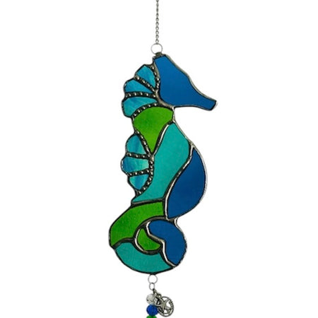 Stained glass seahorse in blue and green
