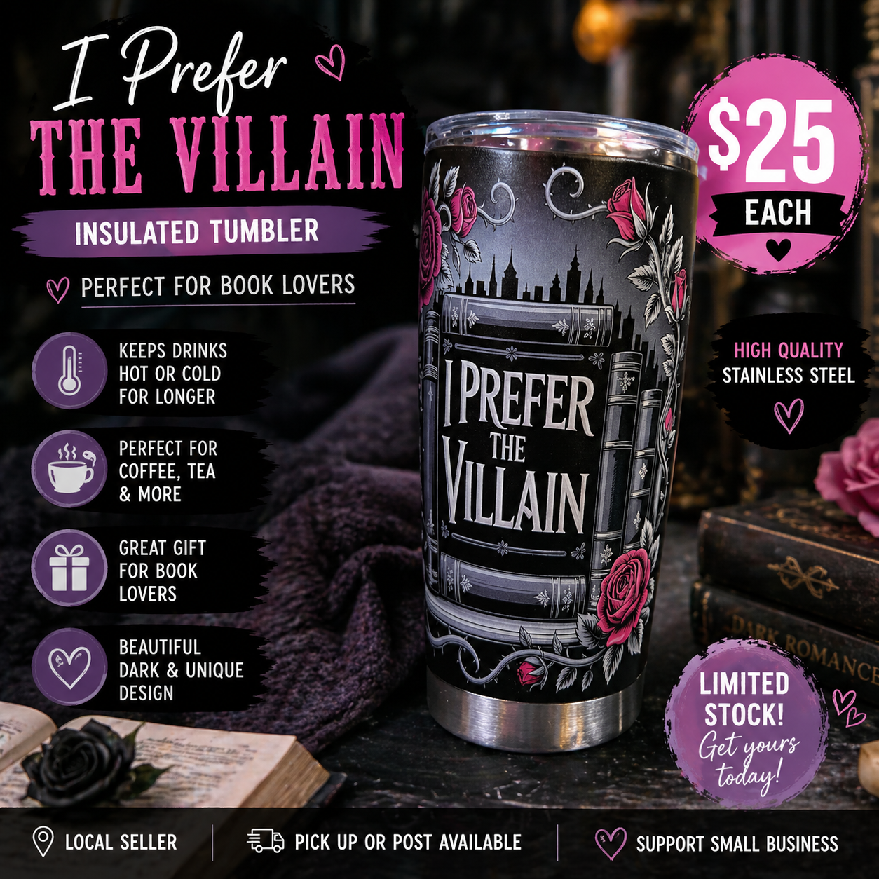 I Prefer the Villain Insulated 20oz Tumbler – Book Lover's Gift $25 🖤📚