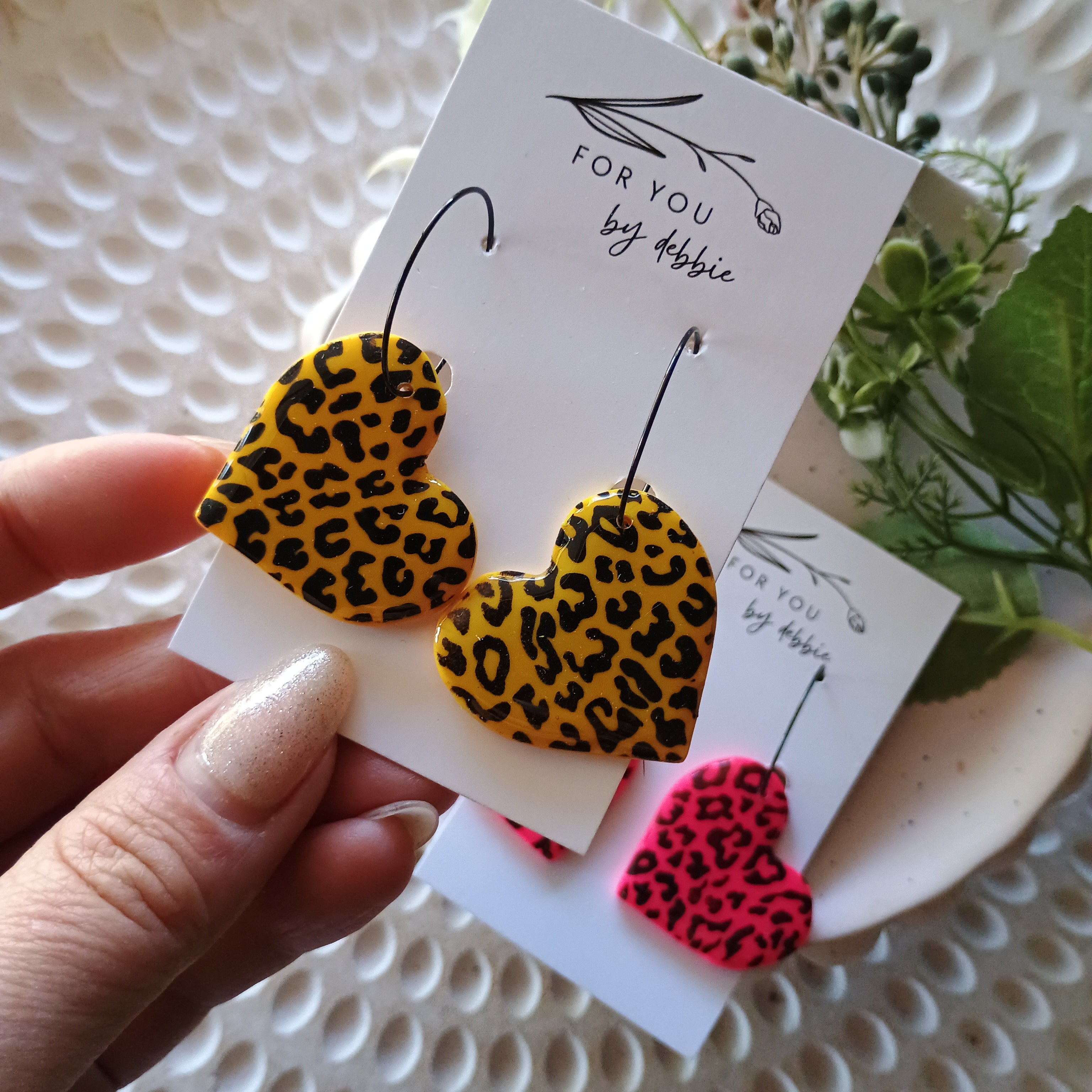 Heart dangle earrings- bright leopard hoops