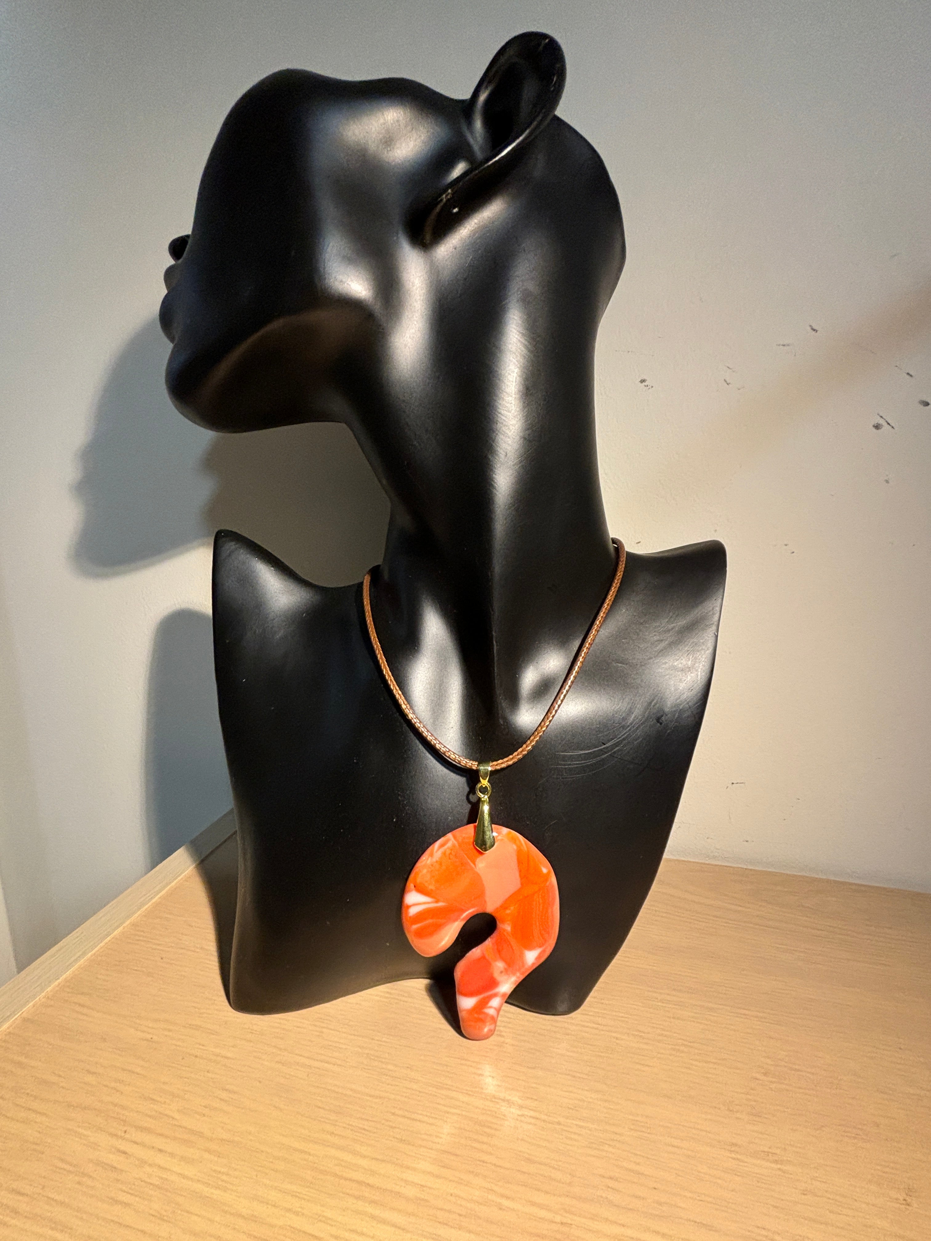 Fused Glass Pendant Necklace - Orange and White Question Mark