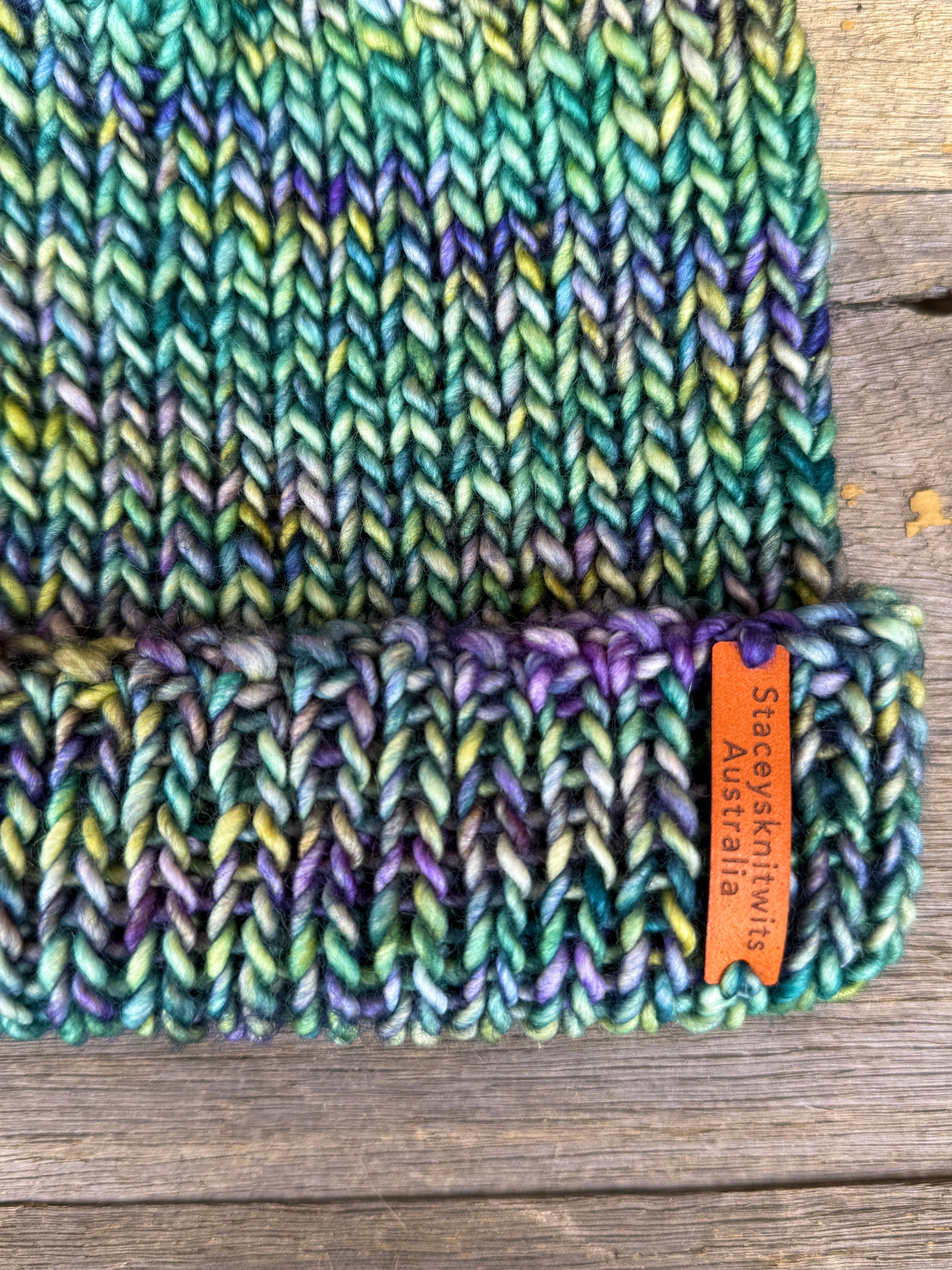 Unisex merino beanie, Blue Green flecked hand knitted beanie