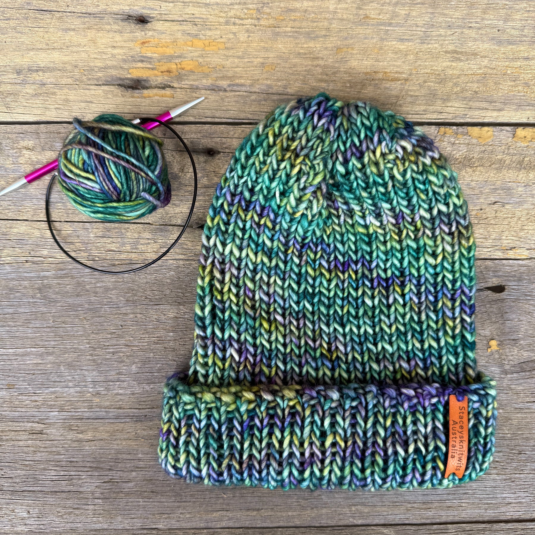 Unisex merino beanie, Blue Green flecked hand knitted beanie