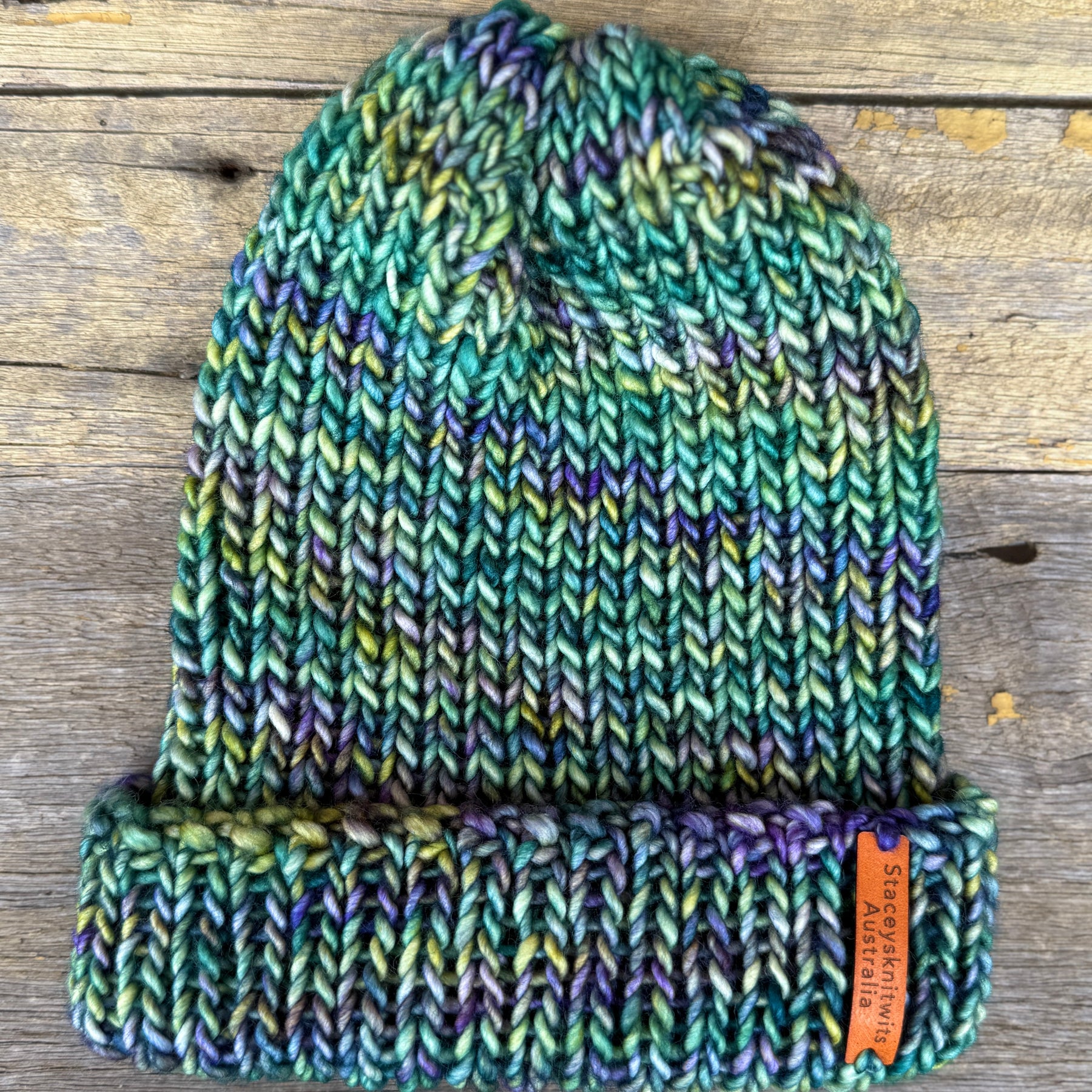 Unisex merino beanie, Blue Green flecked hand knitted beanie