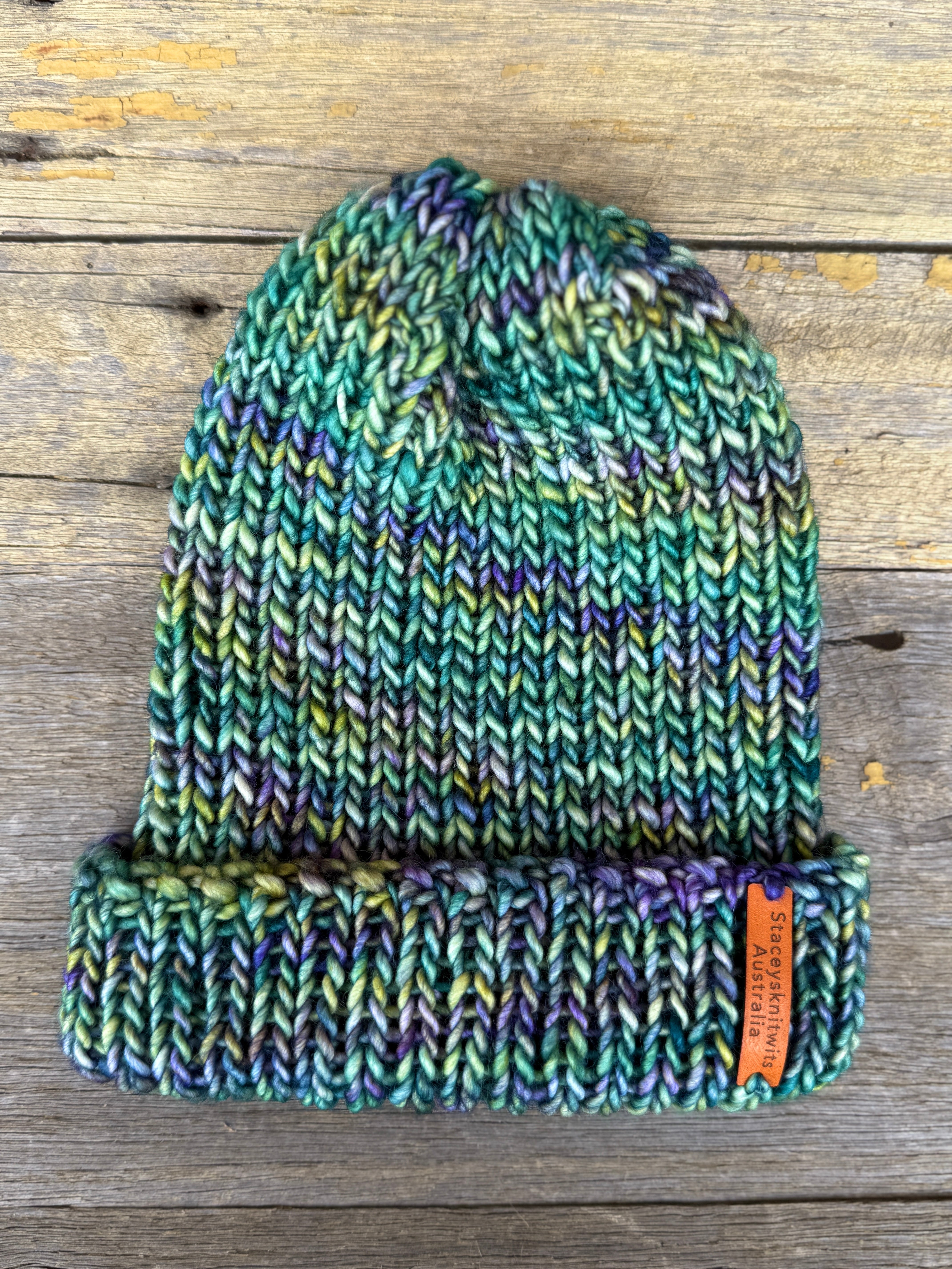 Unisex merino beanie, Blue Green flecked hand knitted beanie