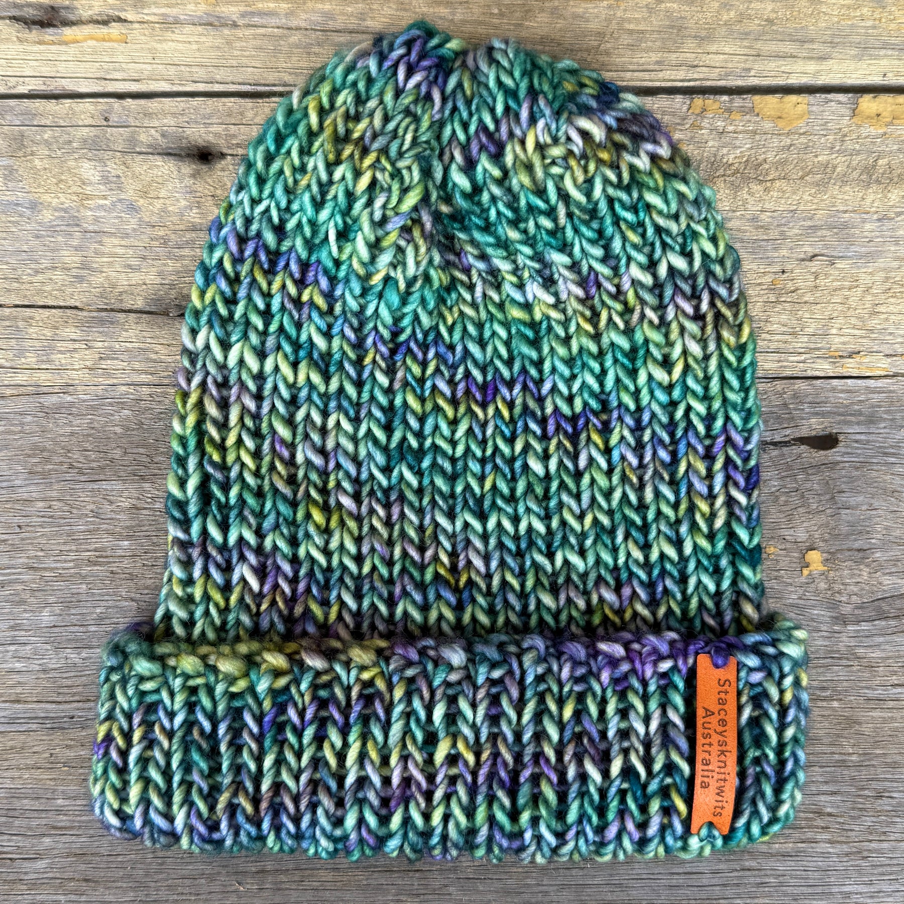 Unisex merino beanie, Blue Green flecked hand knitted beanie